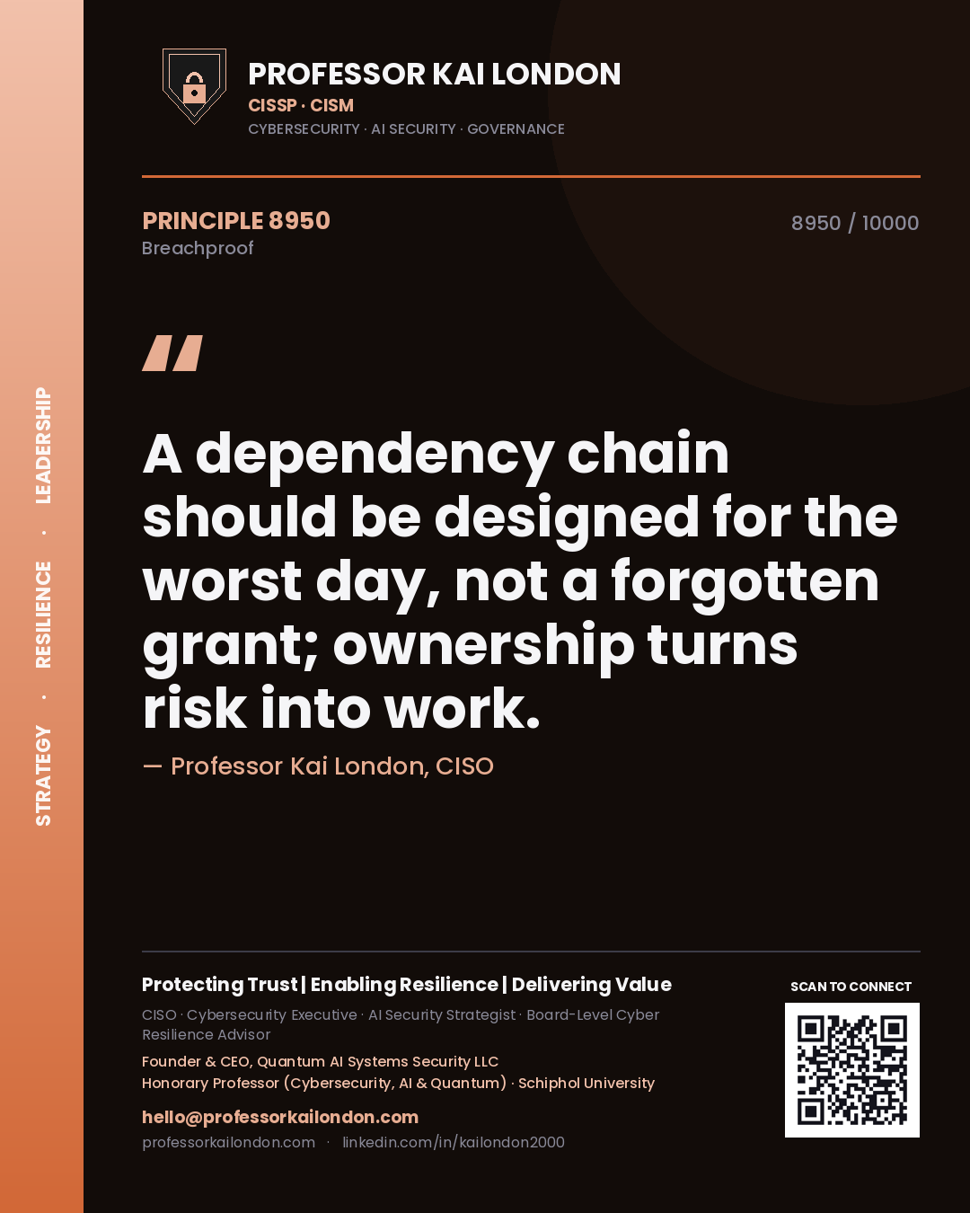 Quote card by Professor Kai London reading 'A dependency chain should be designed for the worst day, not a forgotten grant; ownership turns risk into work.'. From the book Breachproof.