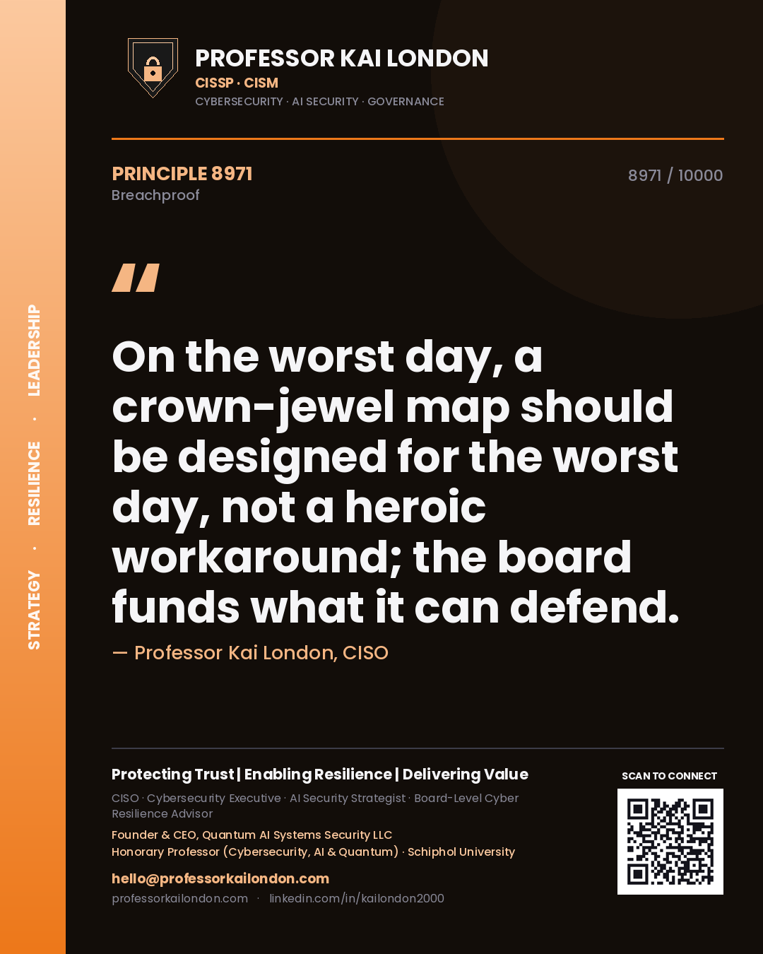 Quote card by Professor Kai London reading 'On the worst day, a crown-jewel map should be designed for the worst day, not a heroic workaround; the board funds what it can defend.'. From the book Breachproof.