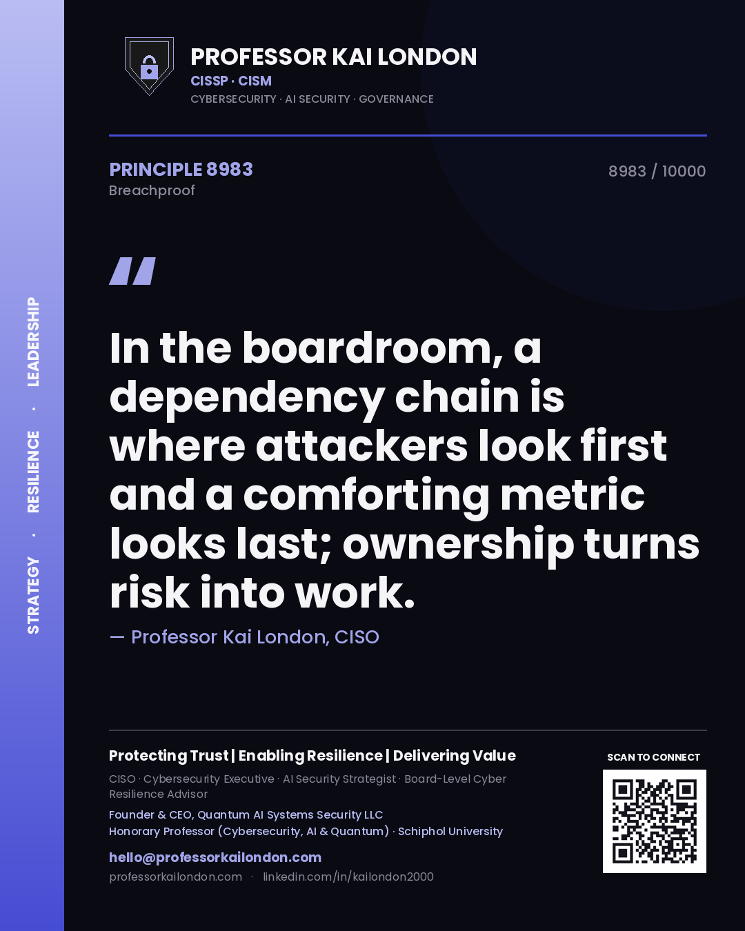 Quote card by Professor Kai London reading 'In the boardroom, a dependency chain is where attackers look first and a comforting metric looks last; ownership turns risk into work.'. From the book Breachproof.