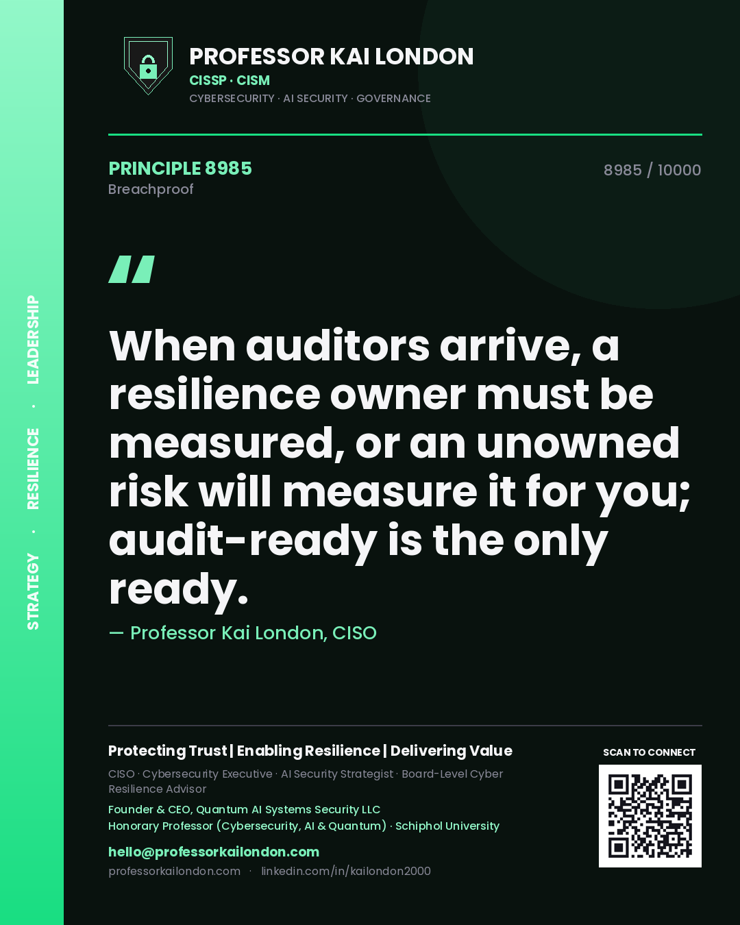 Quote card by Professor Kai London reading 'When auditors arrive, a resilience owner must be measured, or an unowned risk will measure it for you; audit-ready is the only ready.'. From the book Breachproof.