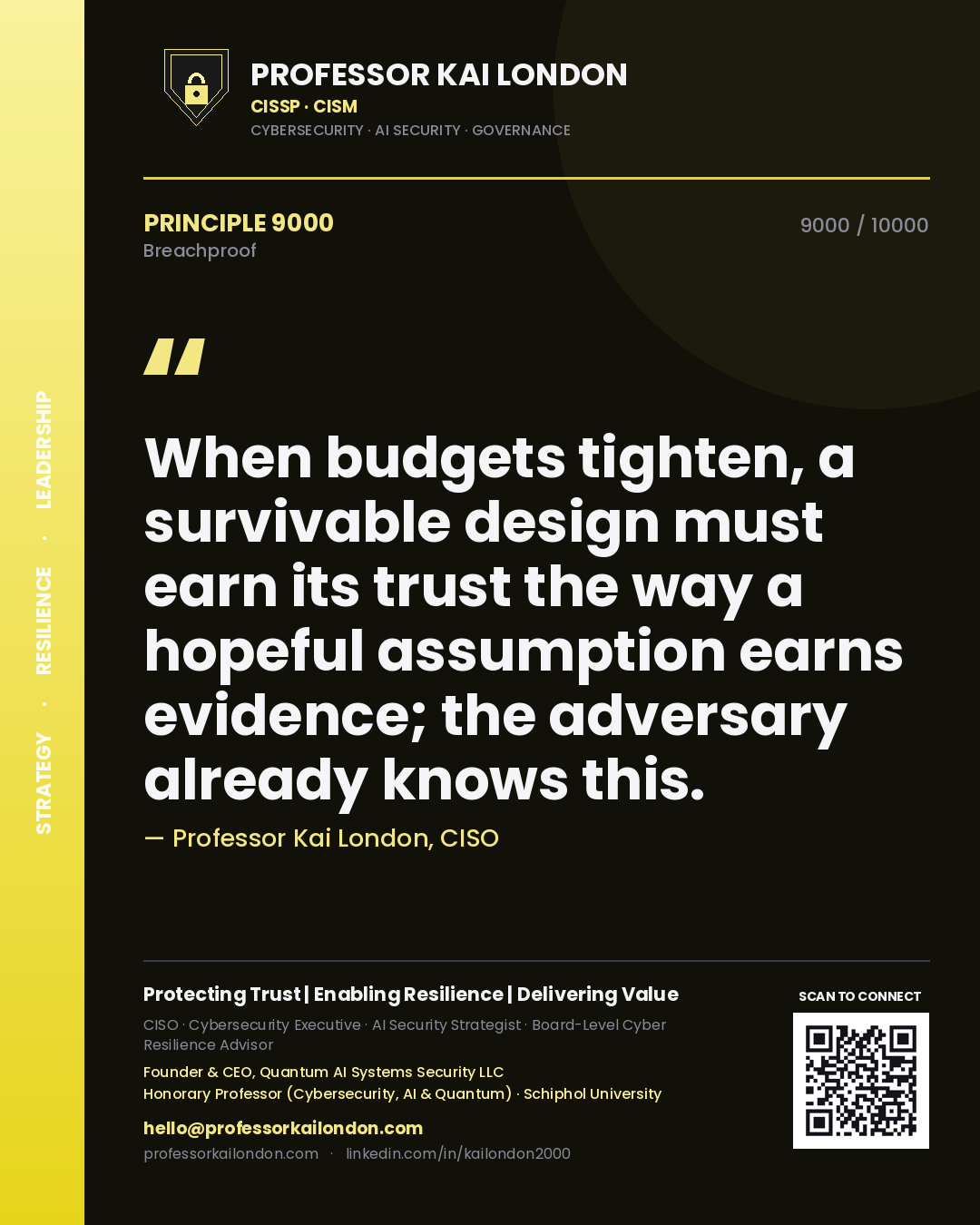 Quote card by Professor Kai London reading 'When budgets tighten, a survivable design must earn its trust the way a hopeful assumption earns evidence; the adversary already knows this.'. From the book Breachproof.