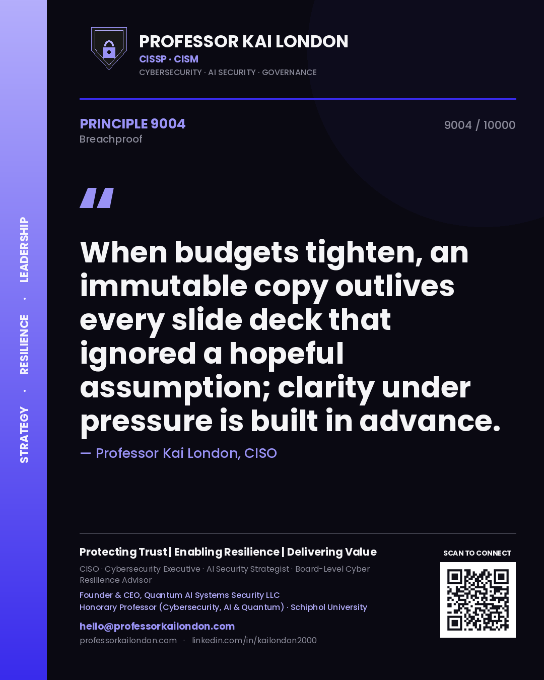 Quote card by Professor Kai London reading 'When budgets tighten, an immutable copy outlives every slide deck that ignored a hopeful assumption; clarity under pressure is built in advance.'. From the book Breachproof.