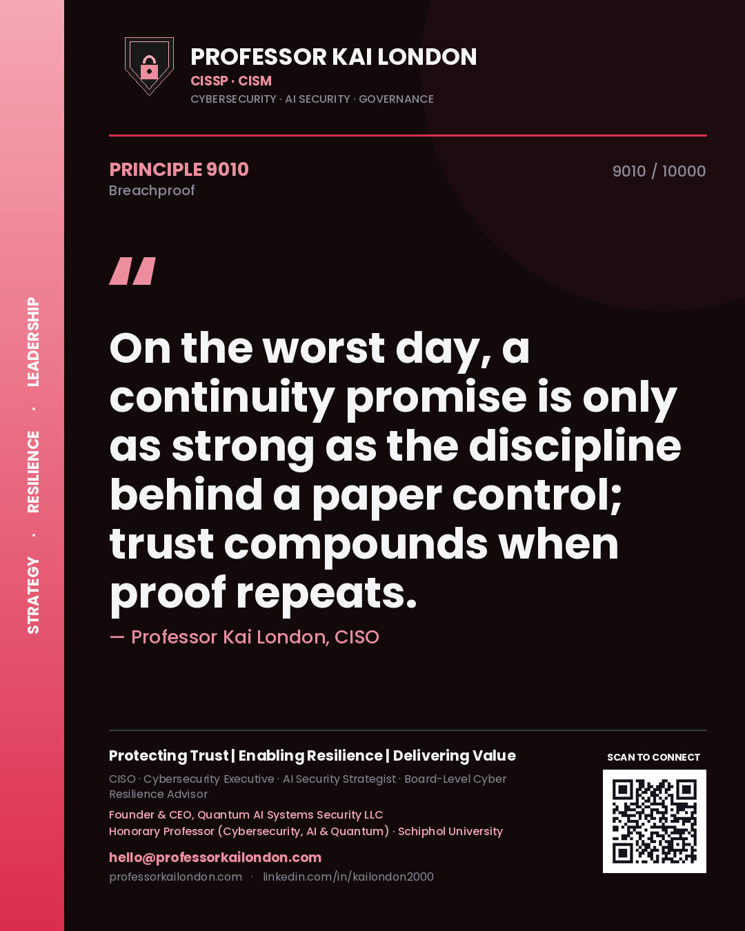 Quote card by Professor Kai London reading 'On the worst day, a continuity promise is only as strong as the discipline behind a paper control; trust compounds when proof repeats.'. From the book Breachproof.