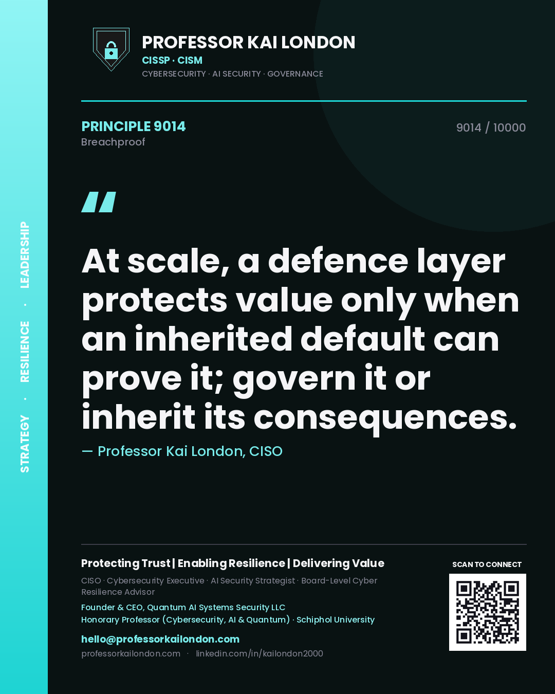 Quote card by Professor Kai London reading 'At scale, a defence layer protects value only when an inherited default can prove it; govern it or inherit its consequences.'. From the book Breachproof.