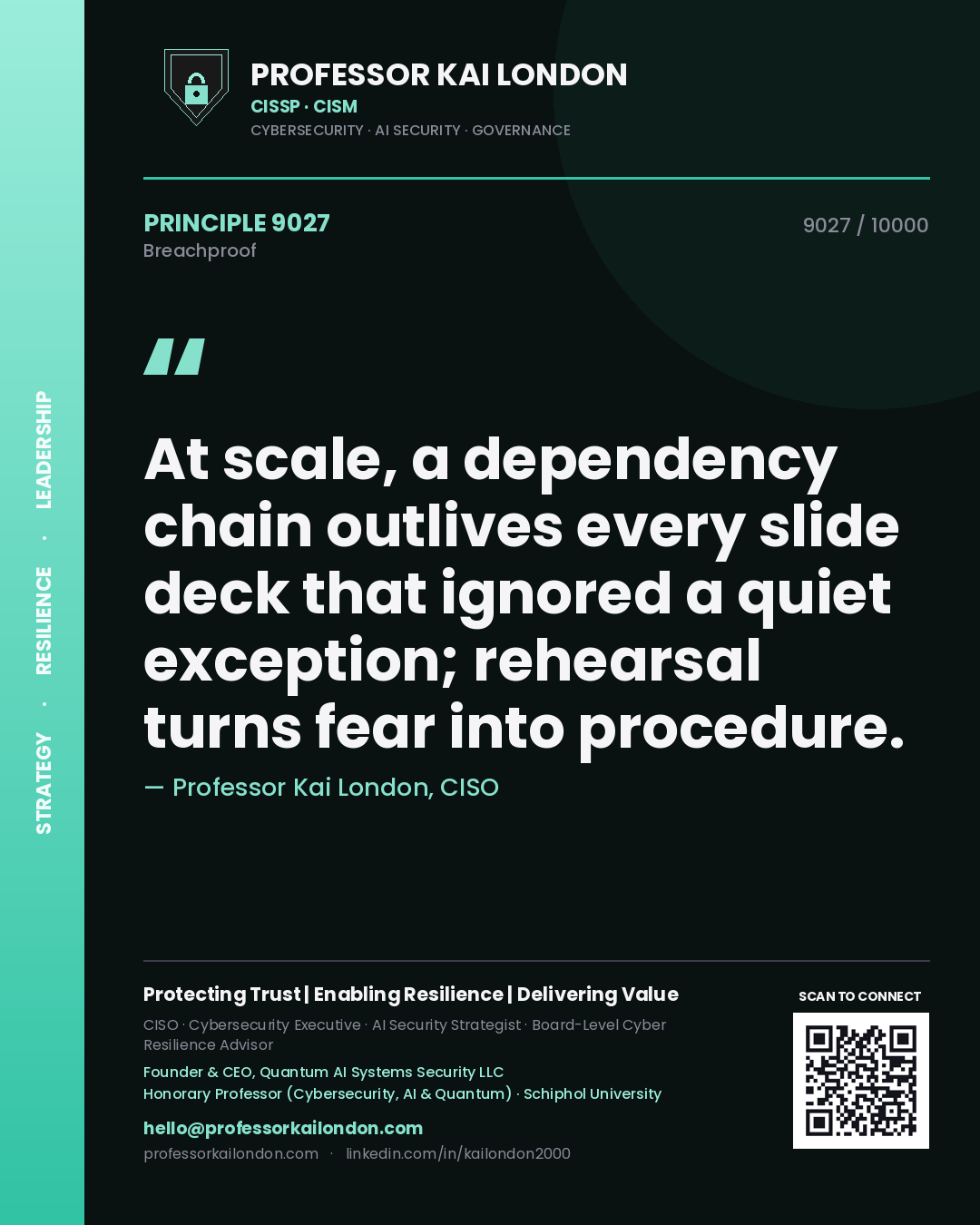 Quote card by Professor Kai London reading 'At scale, a dependency chain outlives every slide deck that ignored a quiet exception; rehearsal turns fear into procedure.'. From the book Breachproof.
