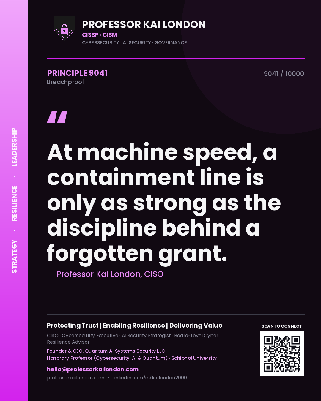 Quote card by Professor Kai London reading 'At machine speed, a containment line is only as strong as the discipline behind a forgotten grant.'. From the book Breachproof.