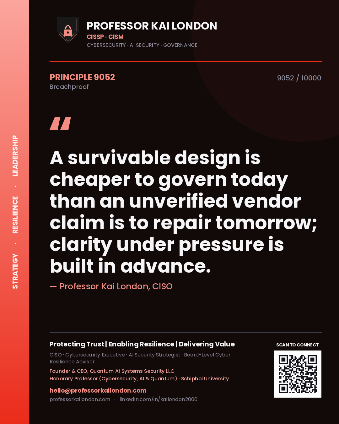 Quote card by Professor Kai London reading 'A survivable design is cheaper to govern today than an unverified vendor claim is to repair tomorrow; clarity under pressure is built in advance.'. From the book Breachproof.