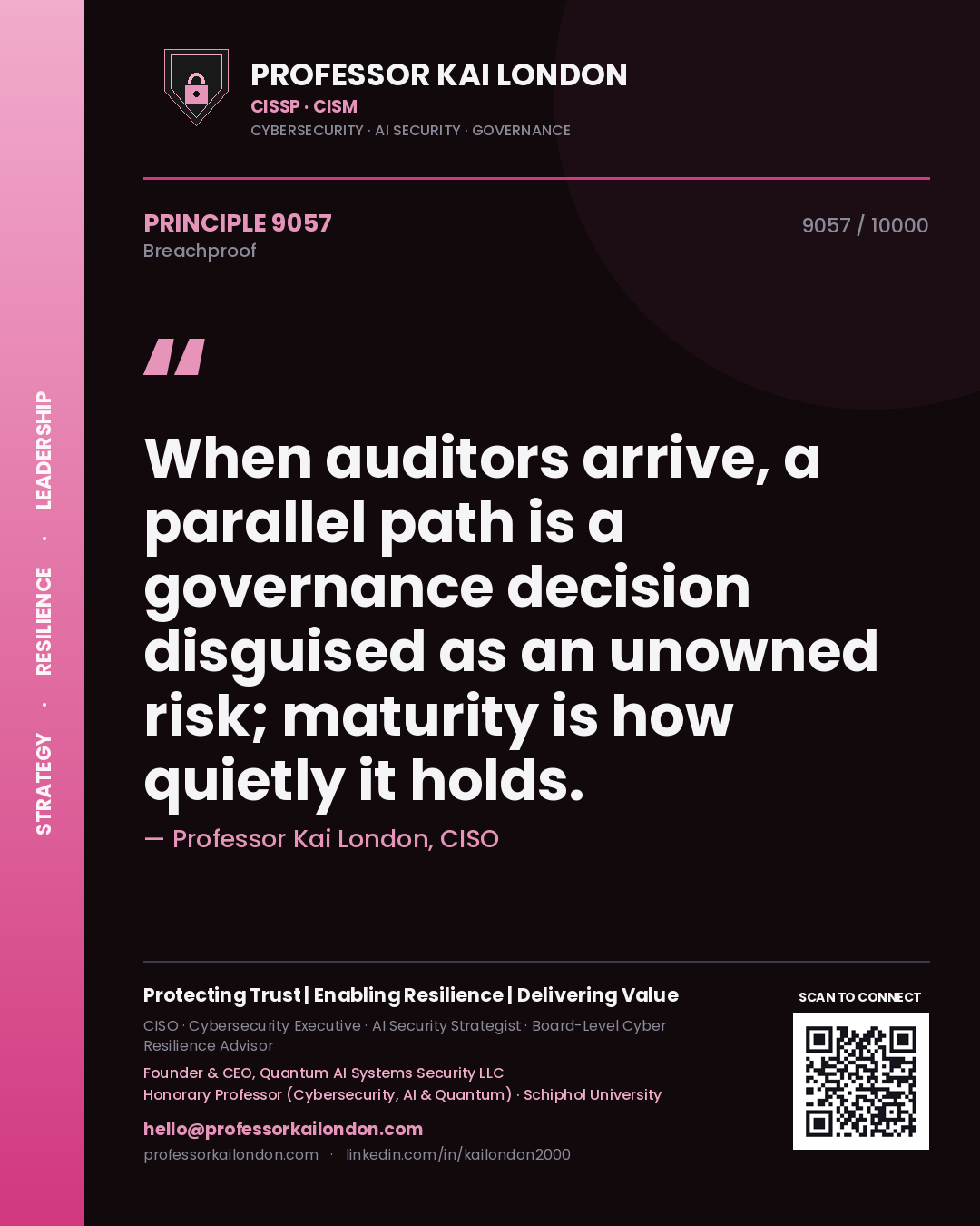Quote card by Professor Kai London reading 'When auditors arrive, a parallel path is a governance decision disguised as an unowned risk; maturity is how quietly it holds.'. From the book Breachproof.