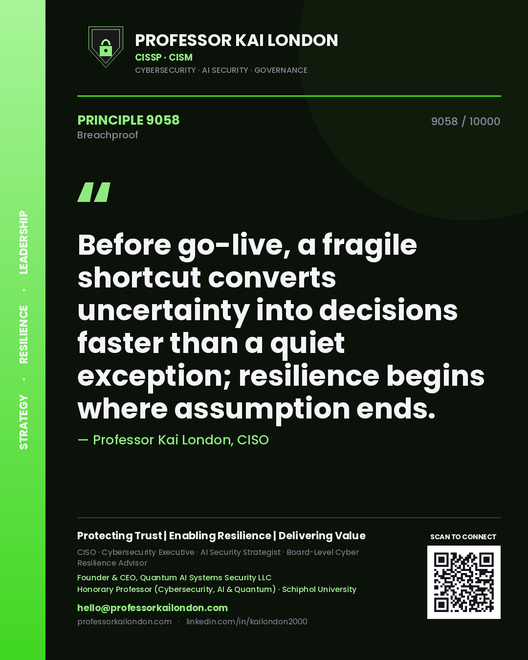 Quote card by Professor Kai London reading 'Before go-live, a fragile shortcut converts uncertainty into decisions faster than a quiet exception; resilience begins where assumption ends.'. From the book Breachproof.