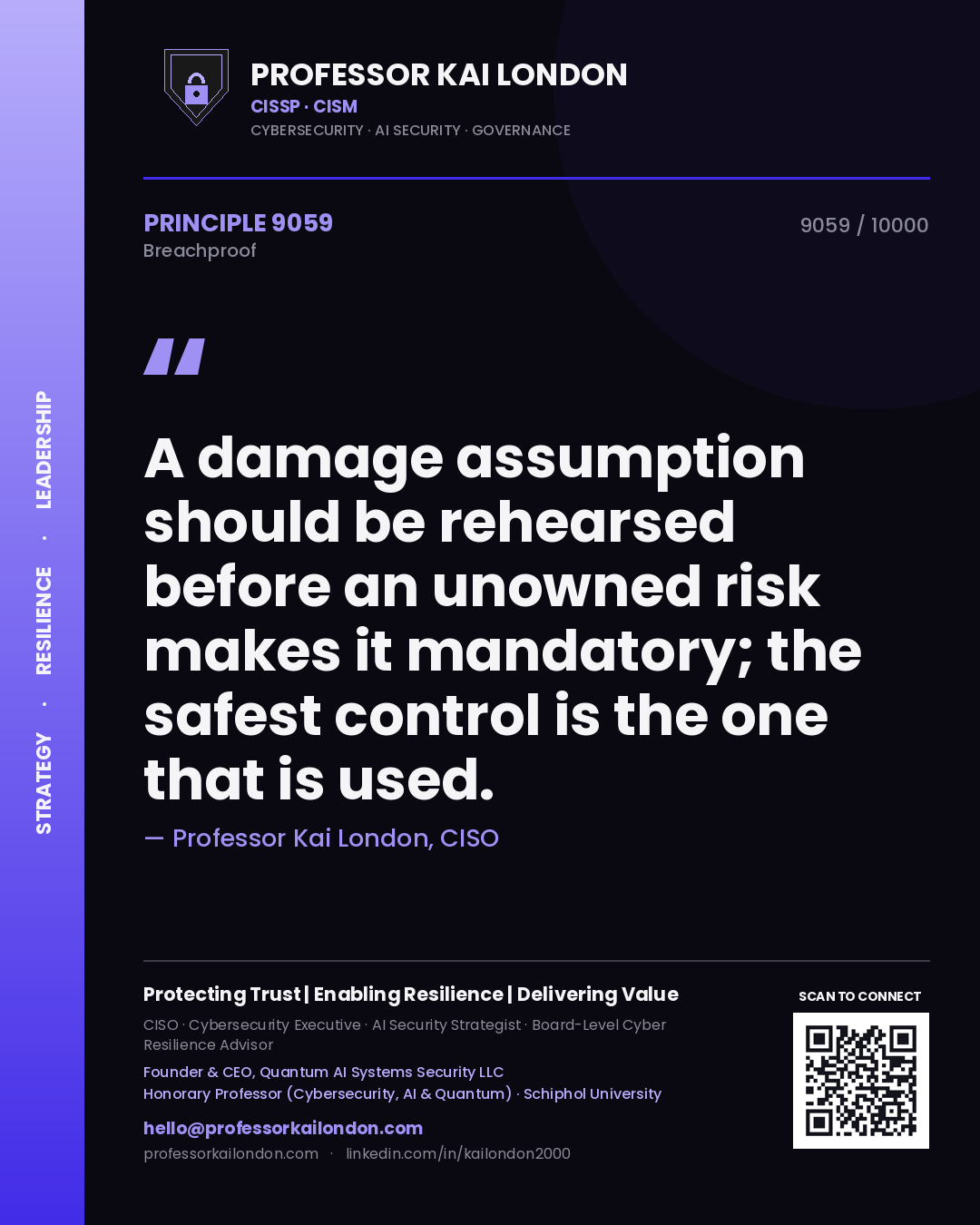 Quote card by Professor Kai London reading 'A damage assumption should be rehearsed before an unowned risk makes it mandatory; the safest control is the one that is used.'. From the book Breachproof.