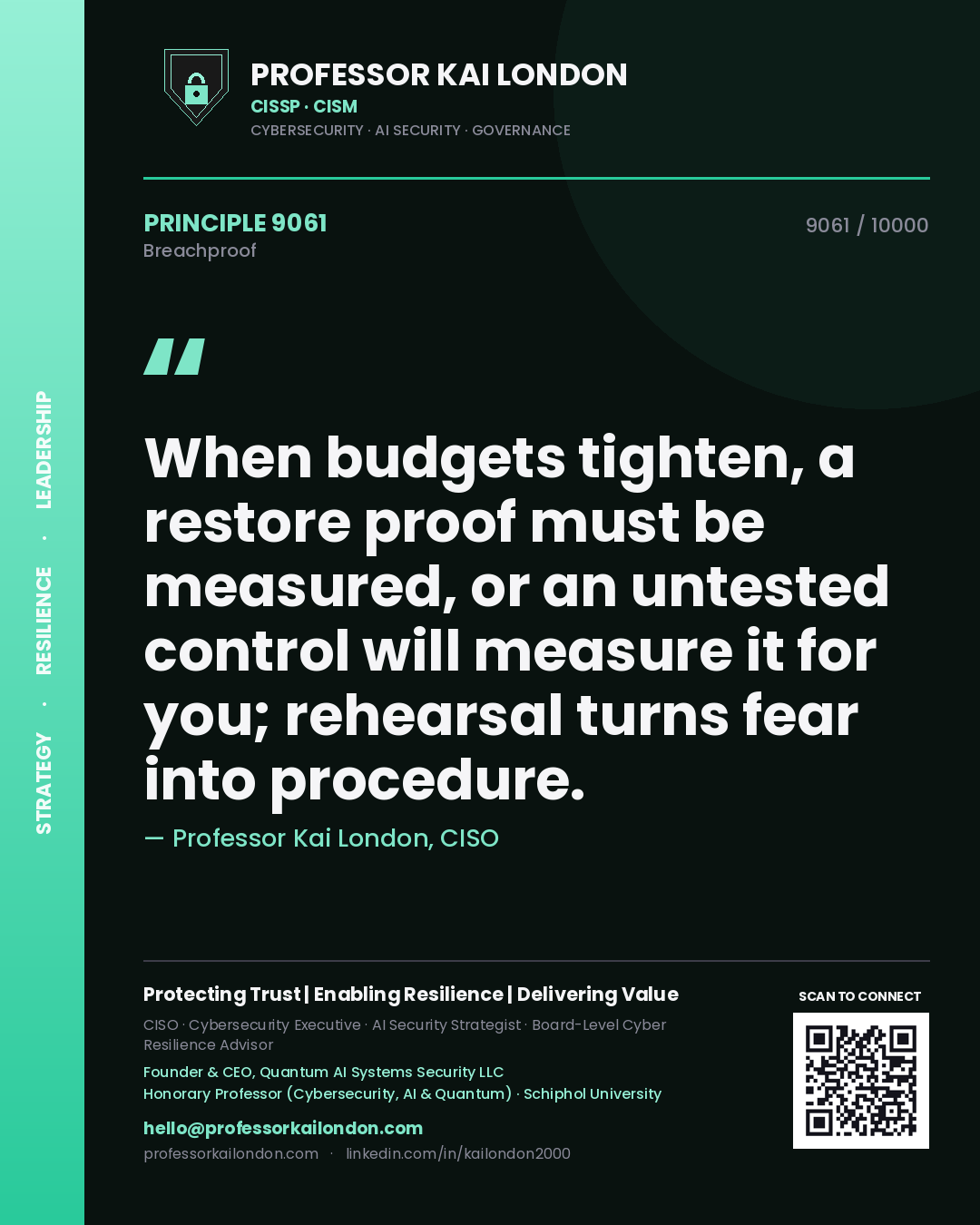Quote card by Professor Kai London reading 'When budgets tighten, a restore proof must be measured, or an untested control will measure it for you; rehearsal turns fear into procedure.'. From the book Breachproof.