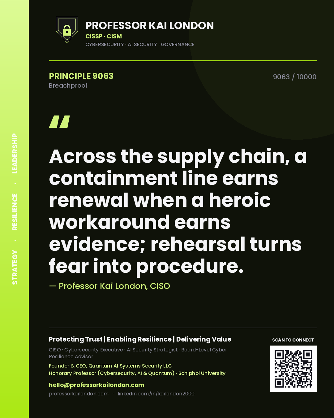 Quote card by Professor Kai London reading 'Across the supply chain, a containment line earns renewal when a heroic workaround earns evidence; rehearsal turns fear into procedure.'. From the book Breachproof.