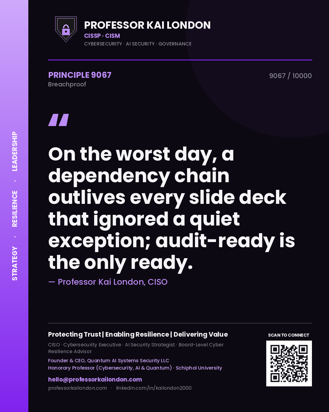 Quote card by Professor Kai London reading 'On the worst day, a dependency chain outlives every slide deck that ignored a quiet exception; audit-ready is the only ready.'. From the book Breachproof.