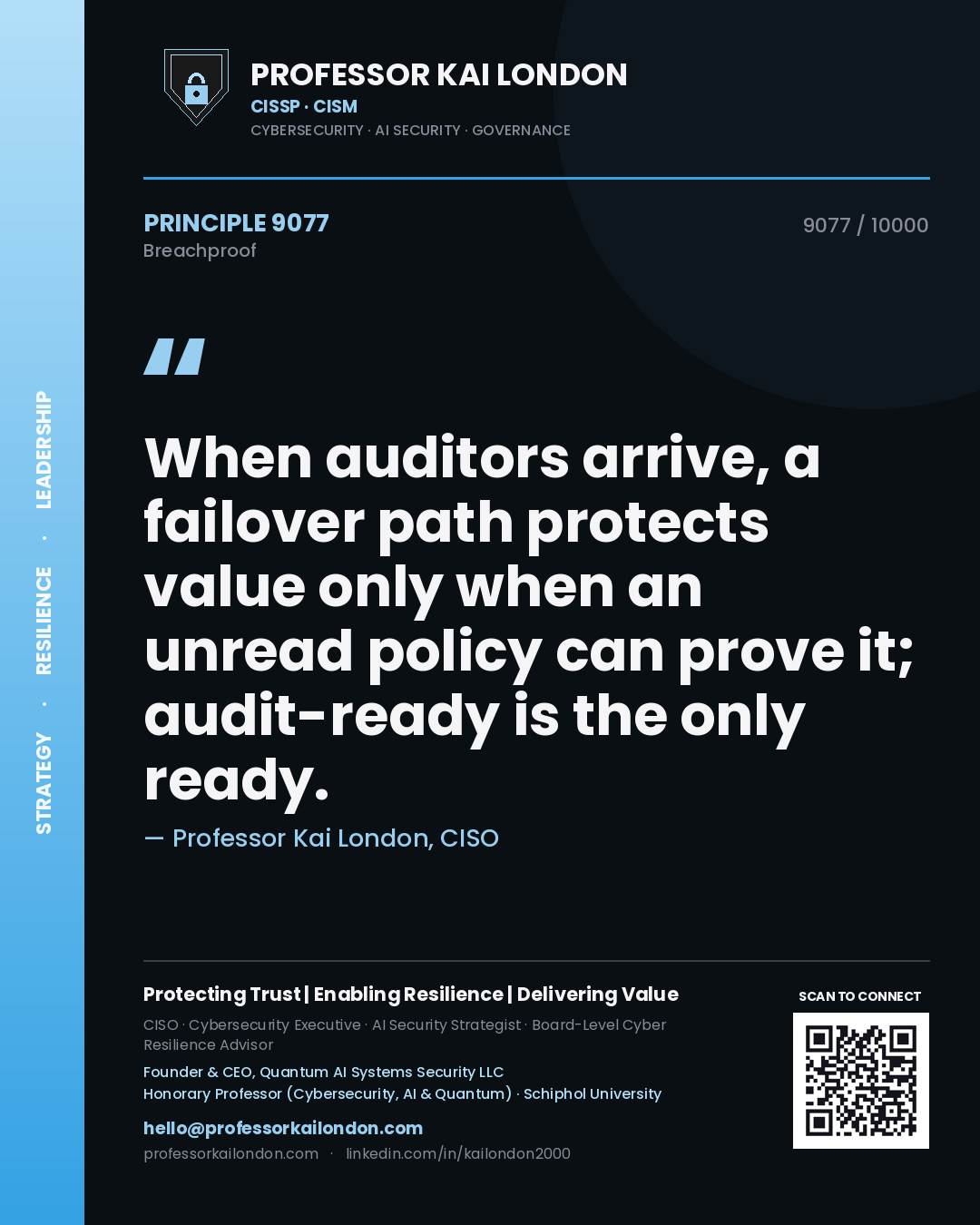 Professor Kai London principle 9077: When auditors arrive, a failover path protects value only when an unread policy can prove it; audit-ready is the only ready.