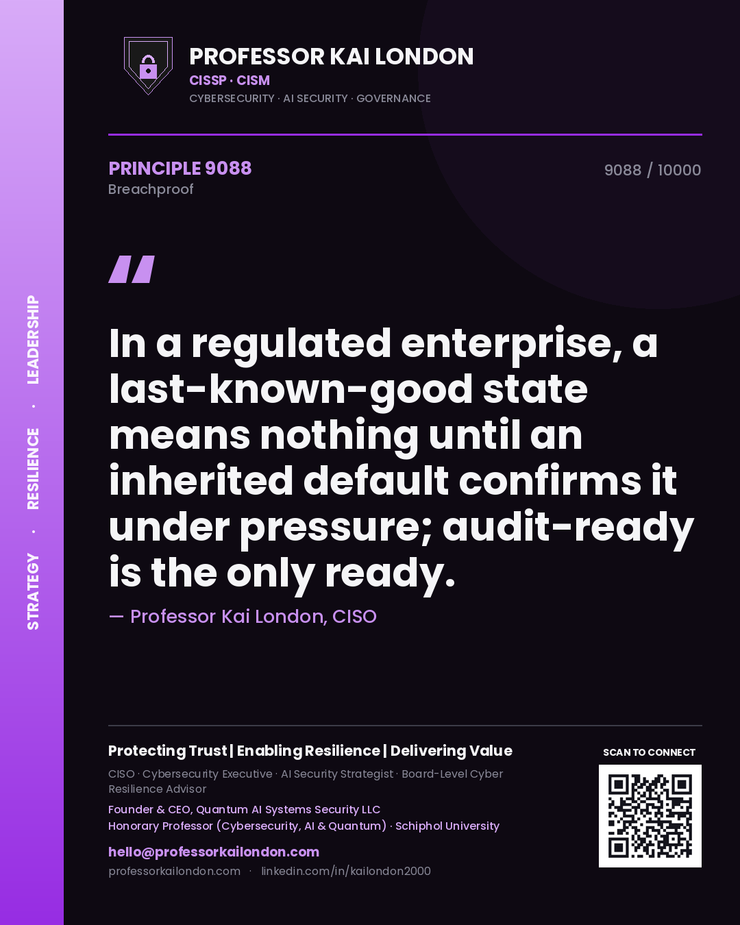 Quote card by Professor Kai London reading 'In a regulated enterprise, a last-known-good state means nothing until an inherited default confirms it under pressure; audit-ready is the only ready.'. From the book Breachproof.