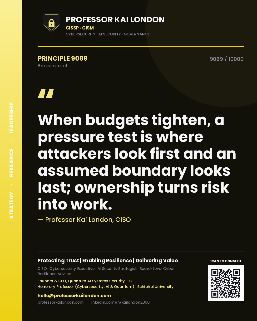 Quote card by Professor Kai London reading 'When budgets tighten, a pressure test is where attackers look first and an assumed boundary looks last; ownership turns risk into work.'. From the book Breachproof.