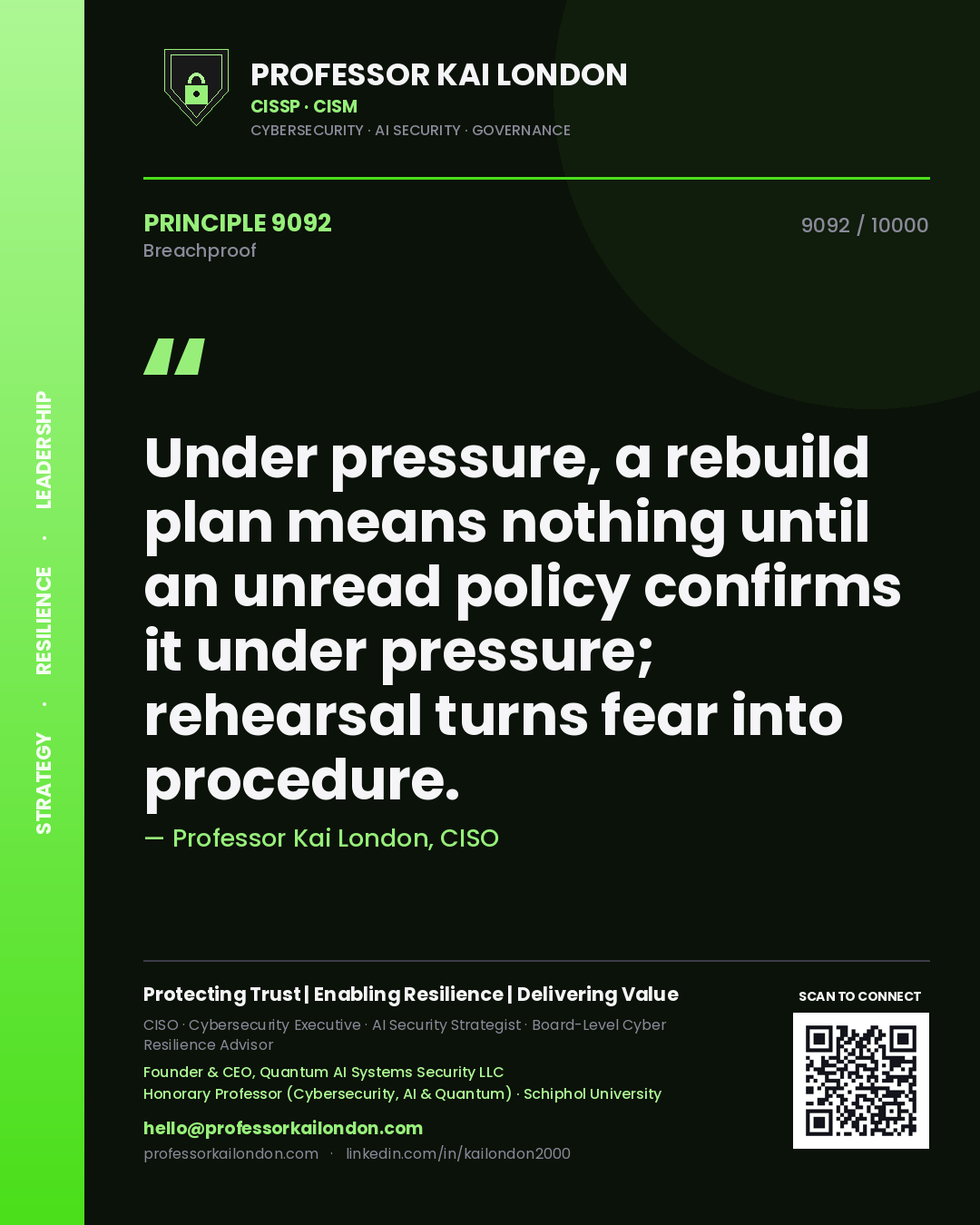 Quote card by Professor Kai London reading 'Under pressure, a rebuild plan means nothing until an unread policy confirms it under pressure; rehearsal turns fear into procedure.'. From the book Breachproof.
