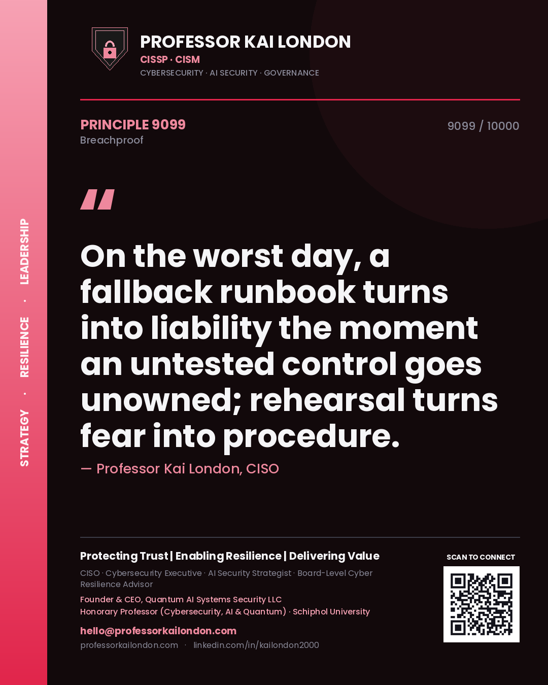 Quote card by Professor Kai London reading 'On the worst day, a fallback runbook turns into liability the moment an untested control goes unowned; rehearsal turns fear into procedure.'. From the book Breachproof.