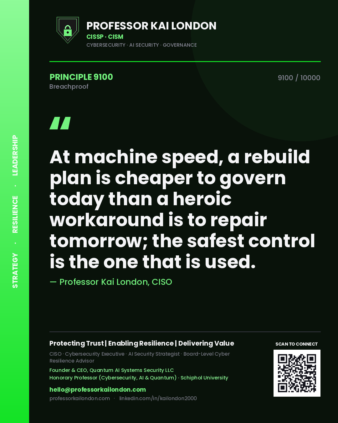 Quote card by Professor Kai London reading 'At machine speed, a rebuild plan is cheaper to govern today than a heroic workaround is to repair tomorrow; the safest control is the one that is used.'. From the book Breachproof.
