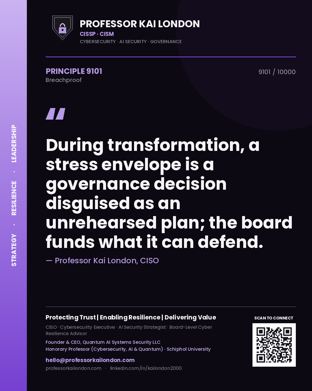 Quote card by Professor Kai London reading 'During transformation, a stress envelope is a governance decision disguised as an unrehearsed plan; the board funds what it can defend.'. From the book Breachproof.