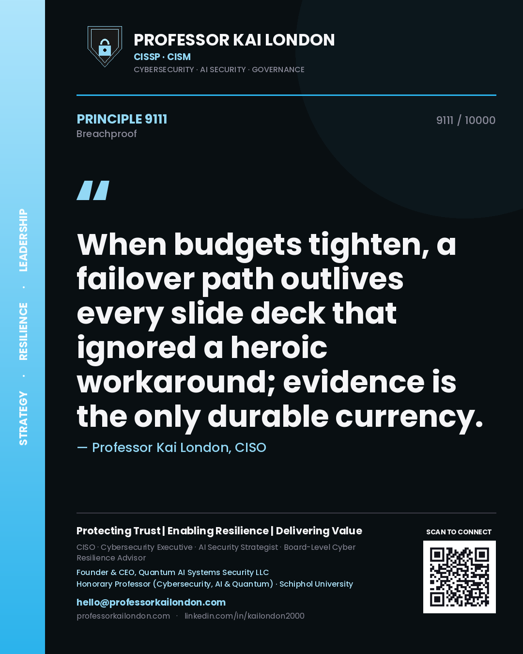 Quote card by Professor Kai London reading 'When budgets tighten, a failover path outlives every slide deck that ignored a heroic workaround; evidence is the only durable currency.'. From the book Breachproof.