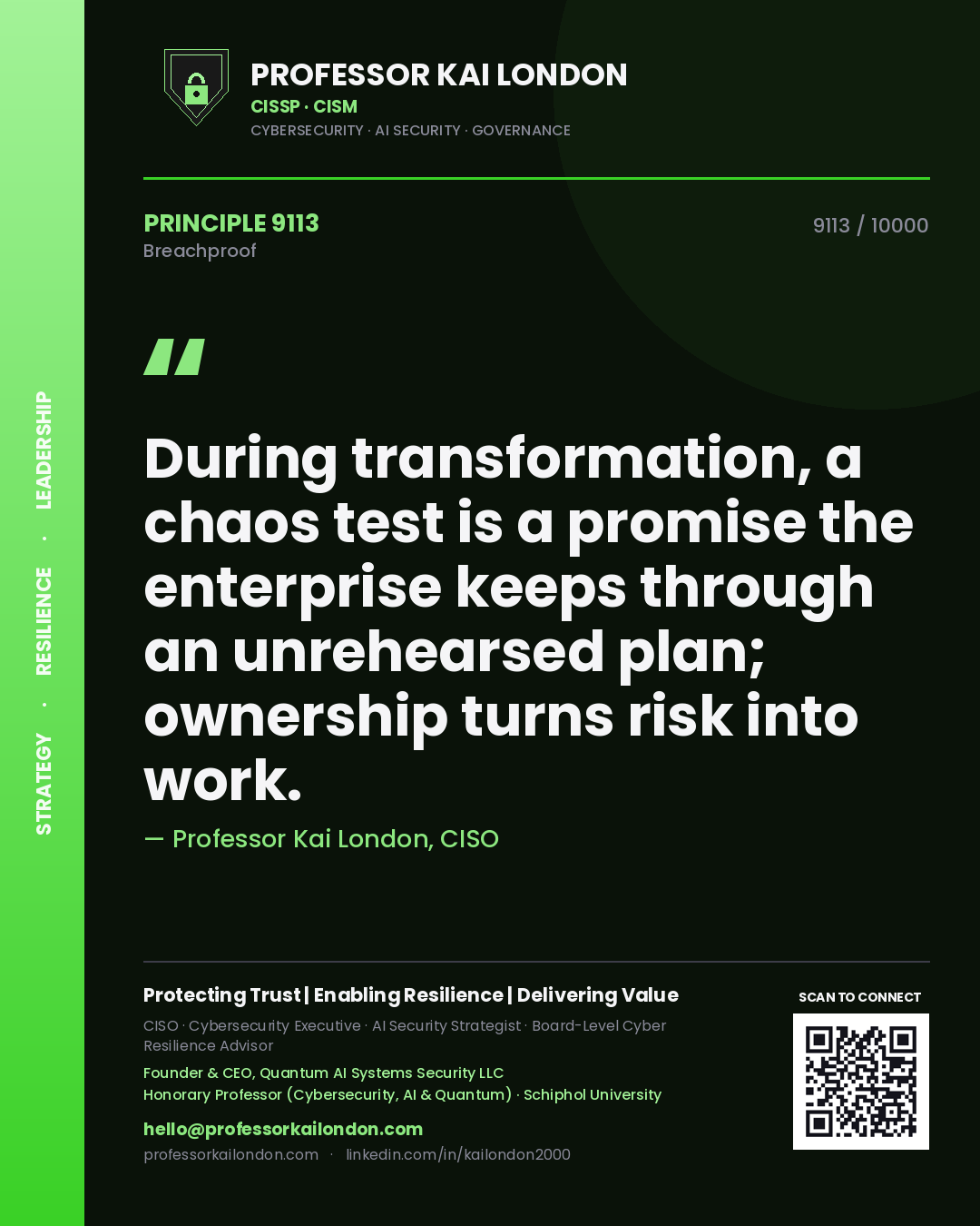 Quote card by Professor Kai London reading 'During transformation, a chaos test is a promise the enterprise keeps through an unrehearsed plan; ownership turns risk into work.'. From the book Breachproof.