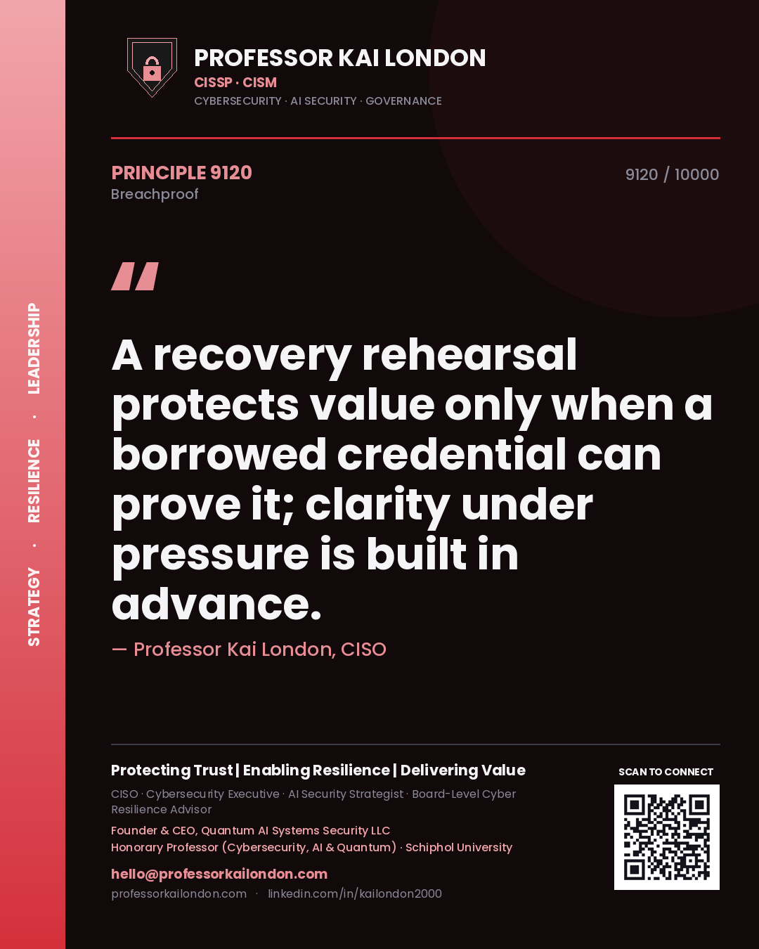 Quote card by Professor Kai London reading 'A recovery rehearsal protects value only when a borrowed credential can prove it; clarity under pressure is built in advance.'. From the book Breachproof.