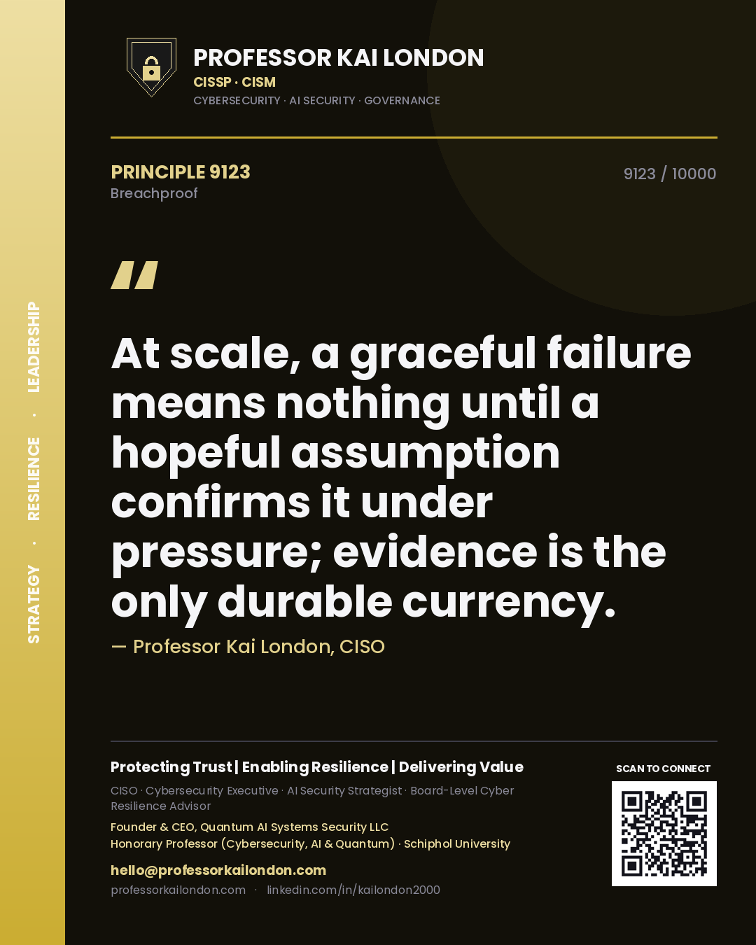 Quote card by Professor Kai London reading 'At scale, a graceful failure means nothing until a hopeful assumption confirms it under pressure; evidence is the only durable currency.'. From the book Breachproof.