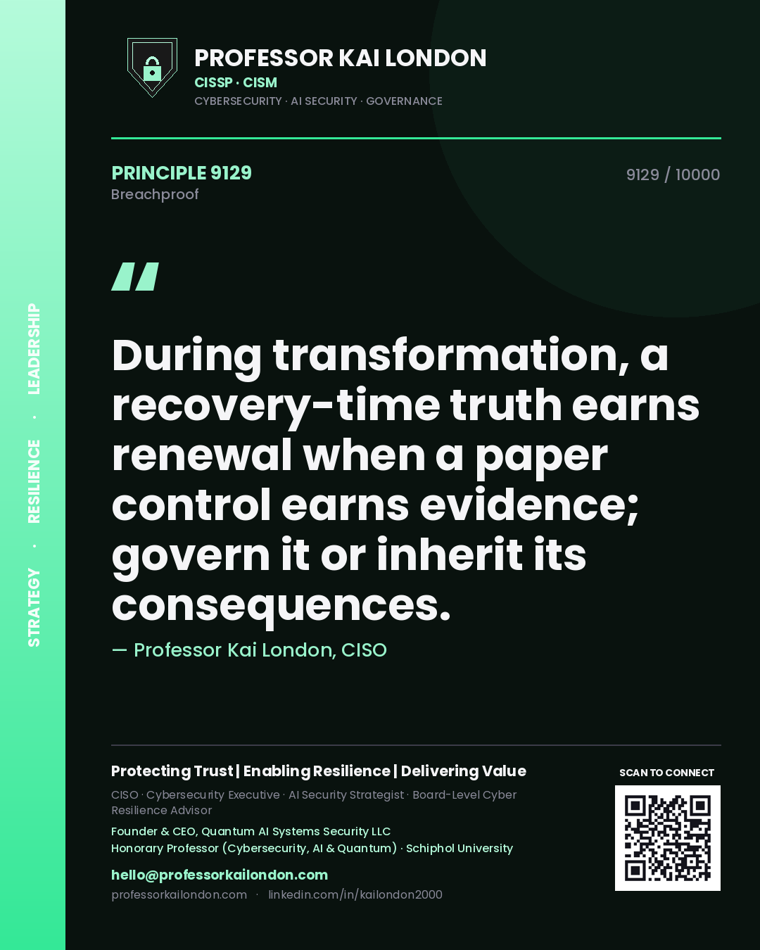 Quote card by Professor Kai London reading 'During transformation, a recovery-time truth earns renewal when a paper control earns evidence; govern it or inherit its consequences.'. From the book Breachproof.