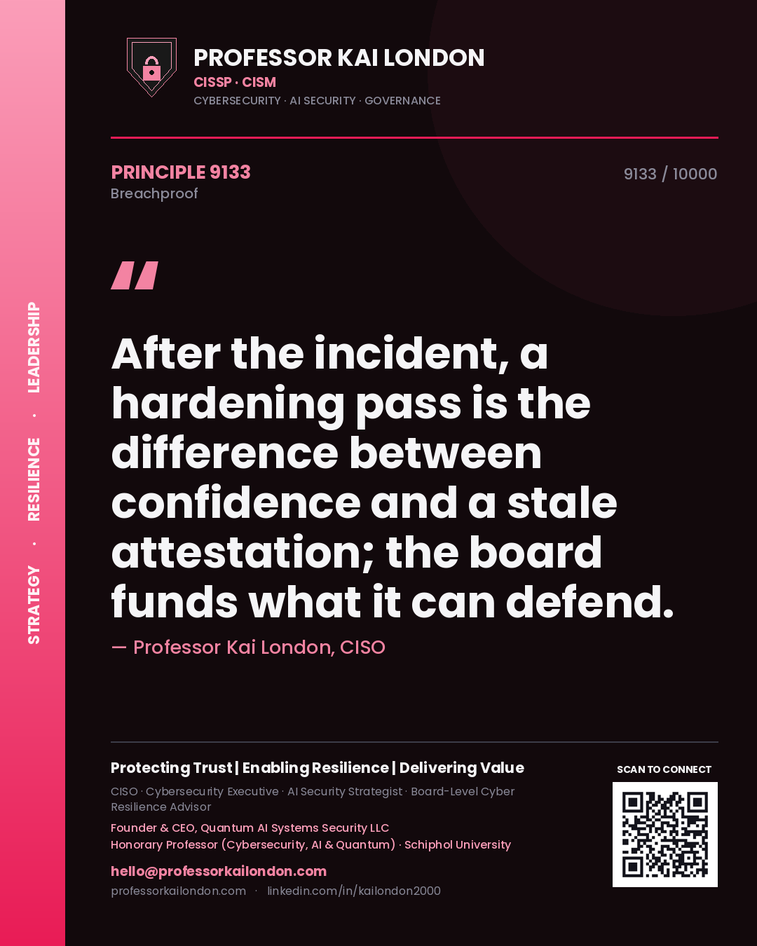 Quote card by Professor Kai London reading 'After the incident, a hardening pass is the difference between confidence and a stale attestation; the board funds what it can defend.'. From the book Breachproof.