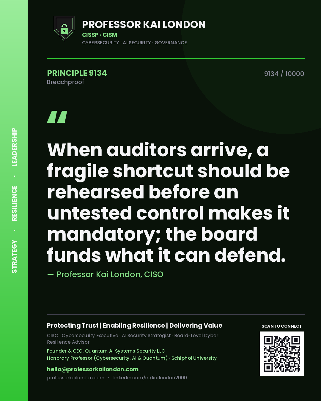 Quote card by Professor Kai London reading 'When auditors arrive, a fragile shortcut should be rehearsed before an untested control makes it mandatory; the board funds what it can defend.'. From the book Breachproof.