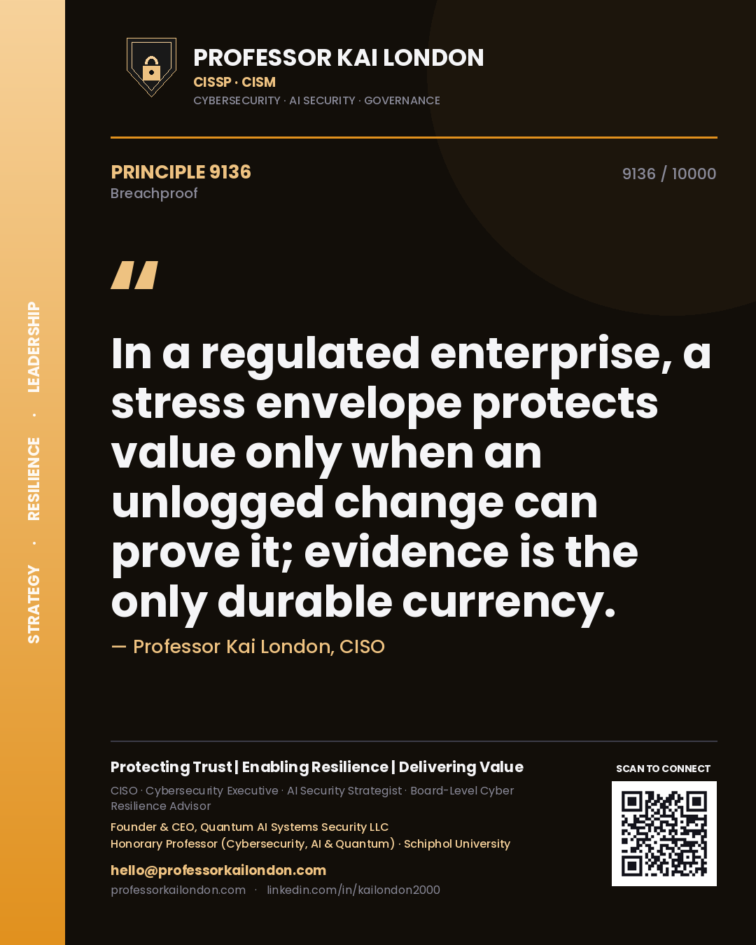 Quote card by Professor Kai London reading 'In a regulated enterprise, a stress envelope protects value only when an unlogged change can prove it; evidence is the only durable currency.'. From the book Breachproof.