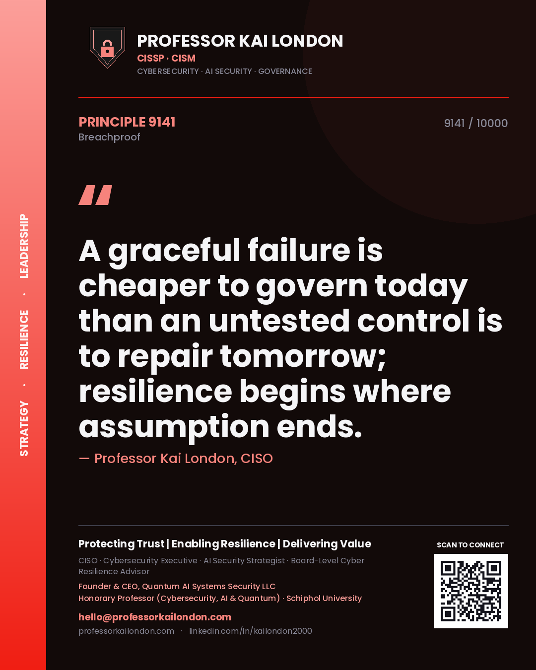 Quote card by Professor Kai London reading 'A graceful failure is cheaper to govern today than an untested control is to repair tomorrow; resilience begins where assumption ends.'. From the book Breachproof.