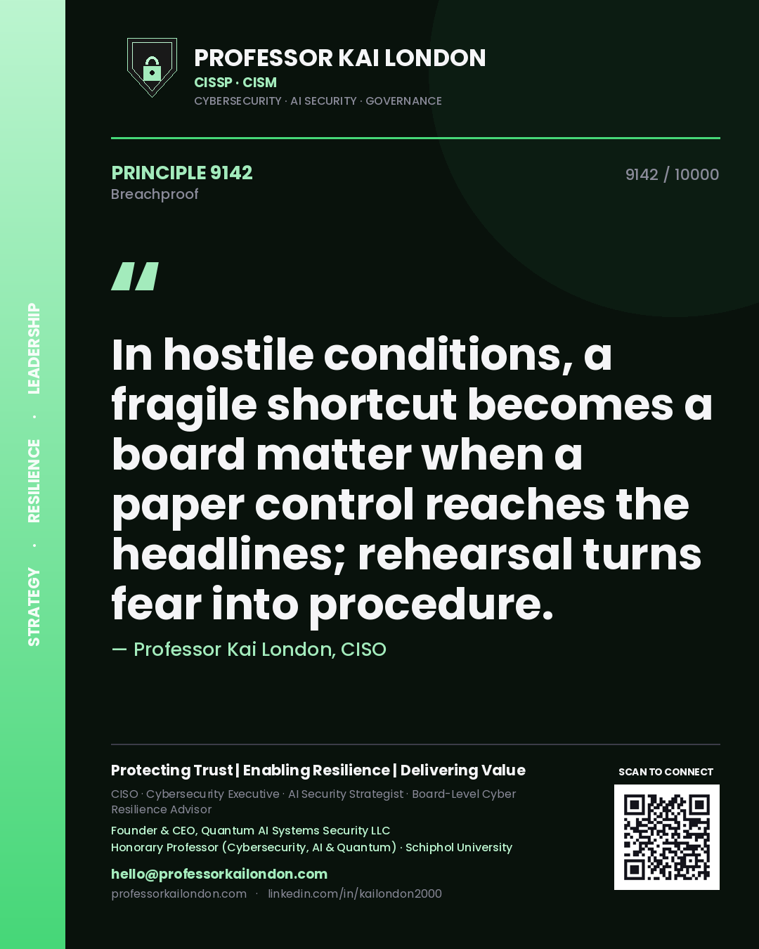 Quote card by Professor Kai London reading 'In hostile conditions, a fragile shortcut becomes a board matter when a paper control reaches the headlines; rehearsal turns fear into procedure.'. From the book Breachproof.