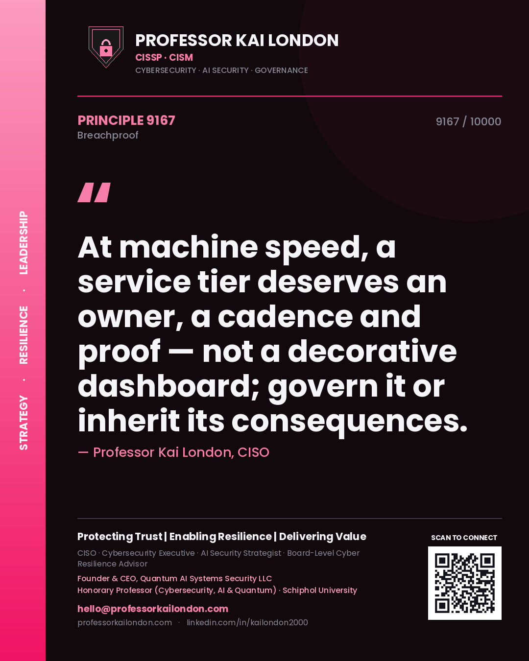 Professor Kai London principle 9167: At machine speed, a service tier deserves an owner, a cadence and proof — not a decorative dashboard; govern it or inherit its consequences.