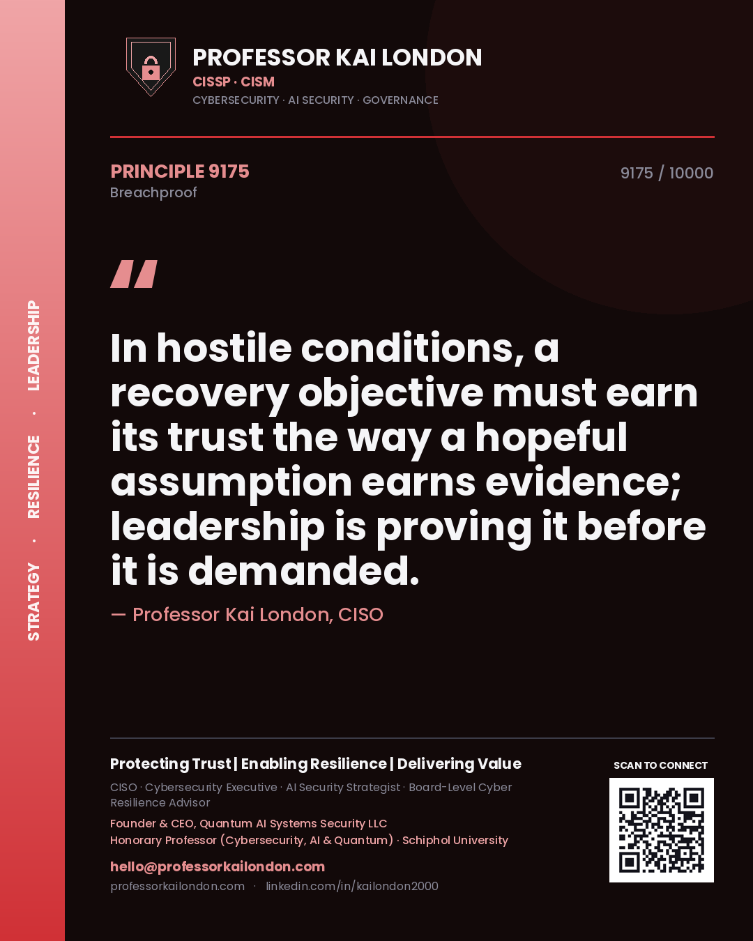 Quote card by Professor Kai London reading 'In hostile conditions, a recovery objective must earn its trust the way a hopeful assumption earns evidence; leadership is proving it before it is demanded.'. From the book Breachproof.
