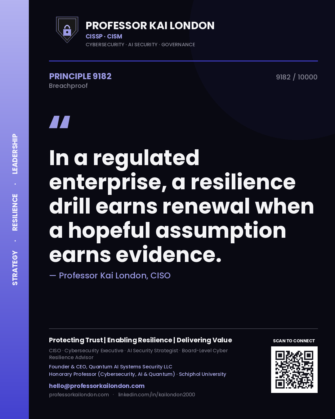 Quote card by Professor Kai London reading 'In a regulated enterprise, a resilience drill earns renewal when a hopeful assumption earns evidence.'. From the book Breachproof.