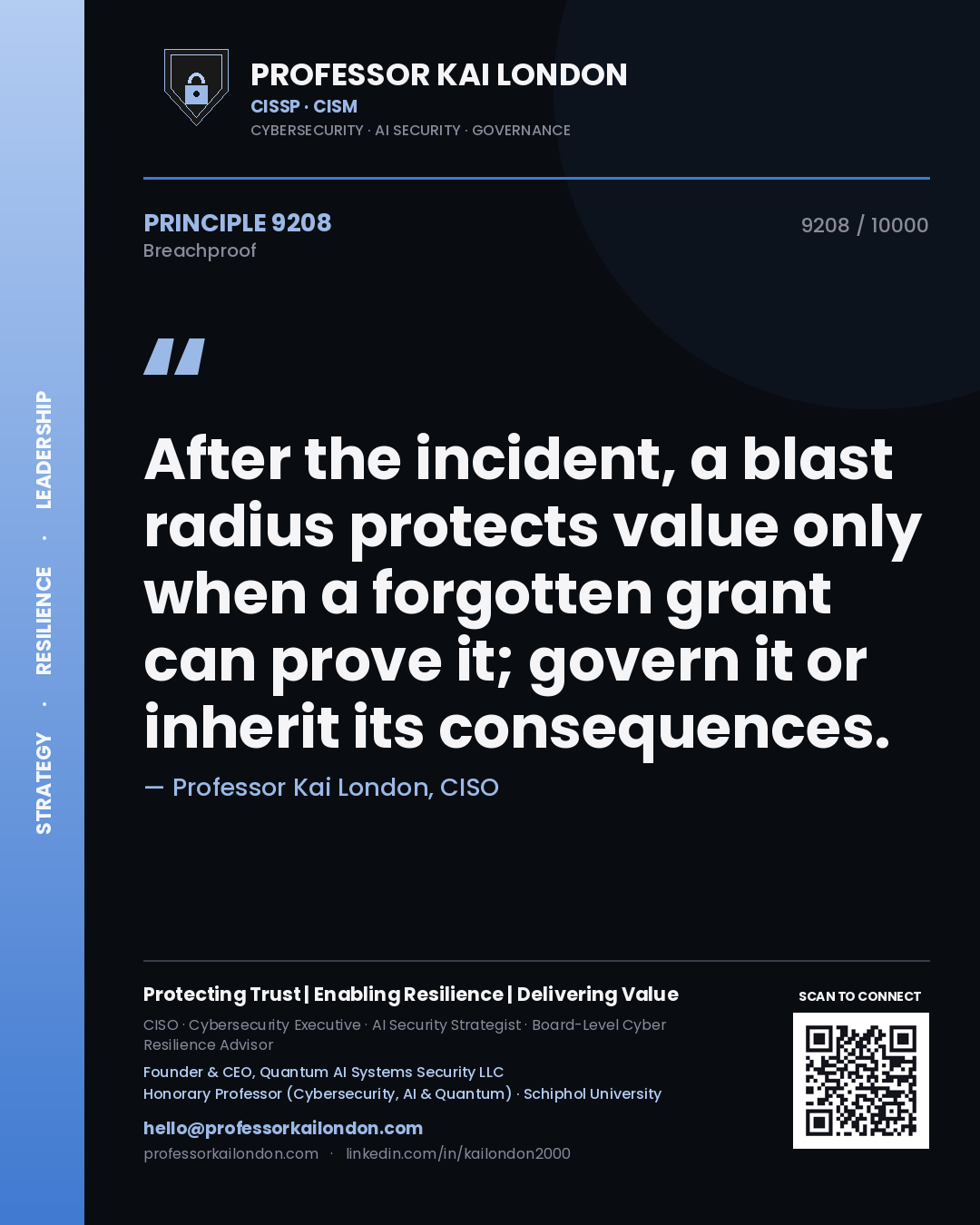 Professor Kai London principle 9208: After the incident, a blast radius protects value only when a forgotten grant can prove it; govern it or inherit its consequences.