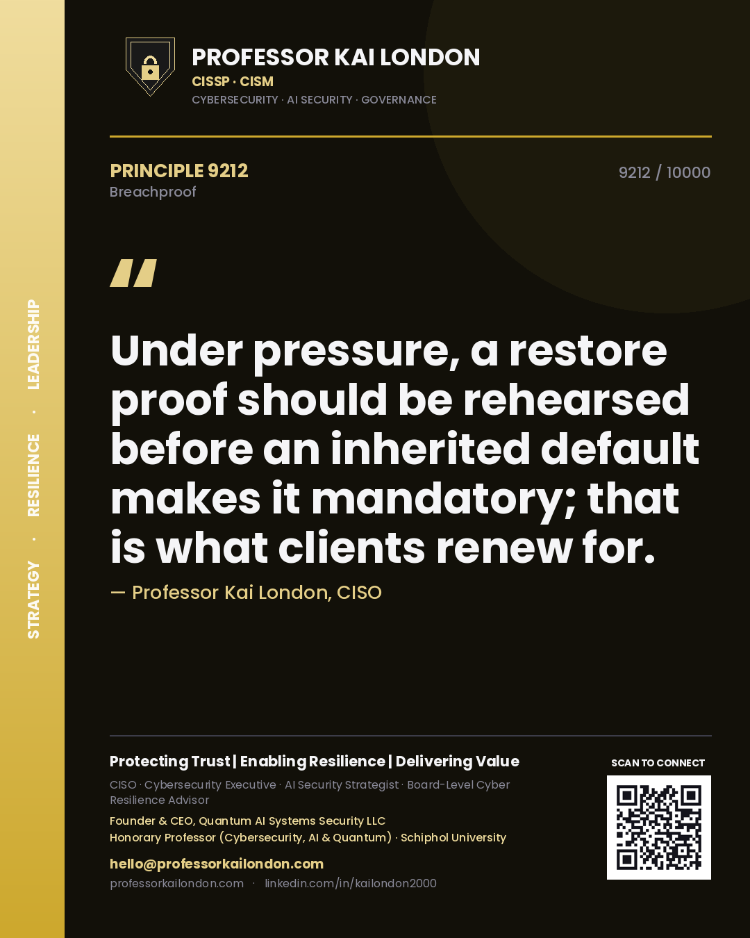 Quote card by Professor Kai London reading 'Under pressure, a restore proof should be rehearsed before an inherited default makes it mandatory; that is what clients renew for.'. From the book Breachproof.