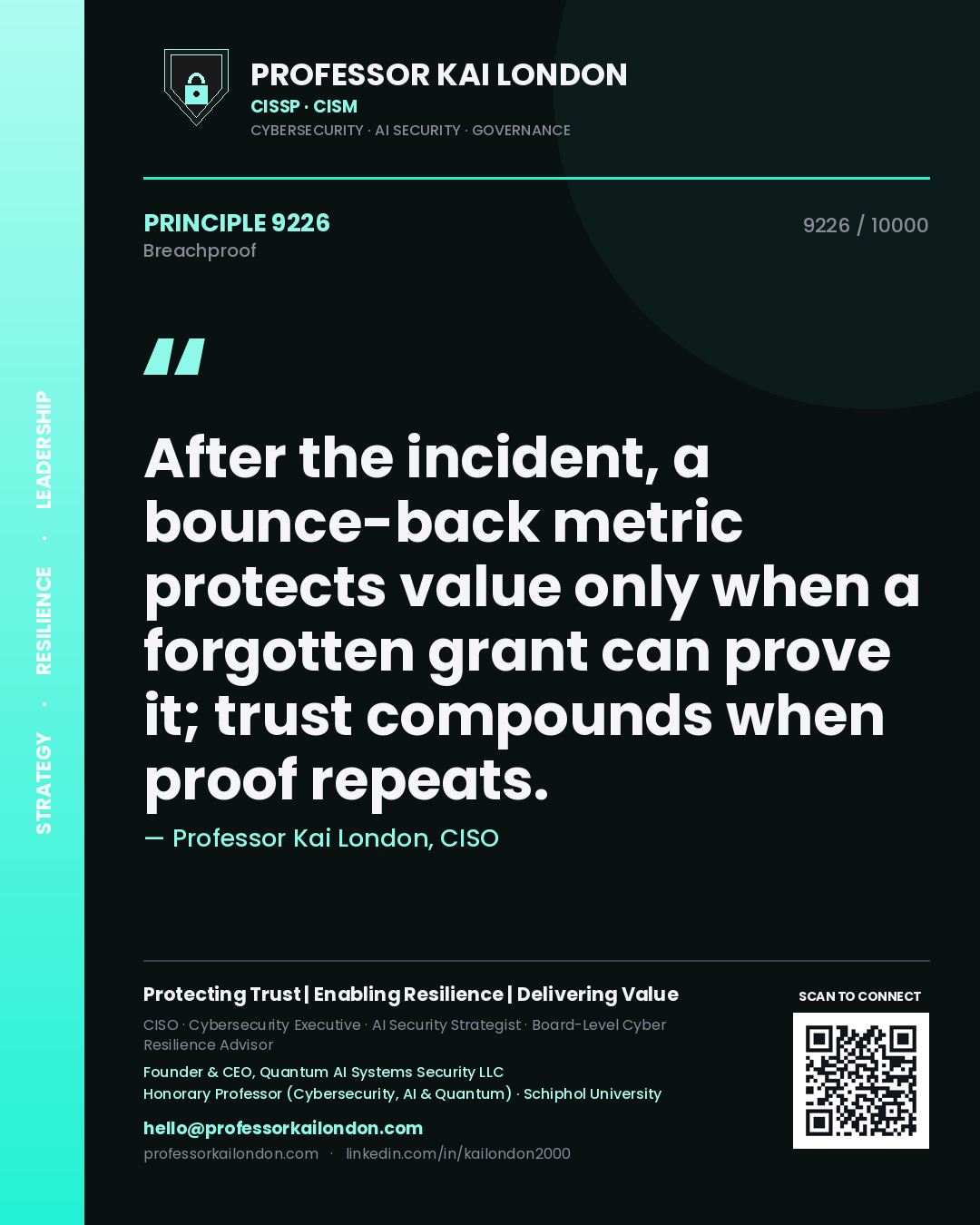Quote card by Professor Kai London reading 'After the incident, a bounce-back metric protects value only when a forgotten grant can prove it; trust compounds when proof repeats.'. From the book Breachproof.