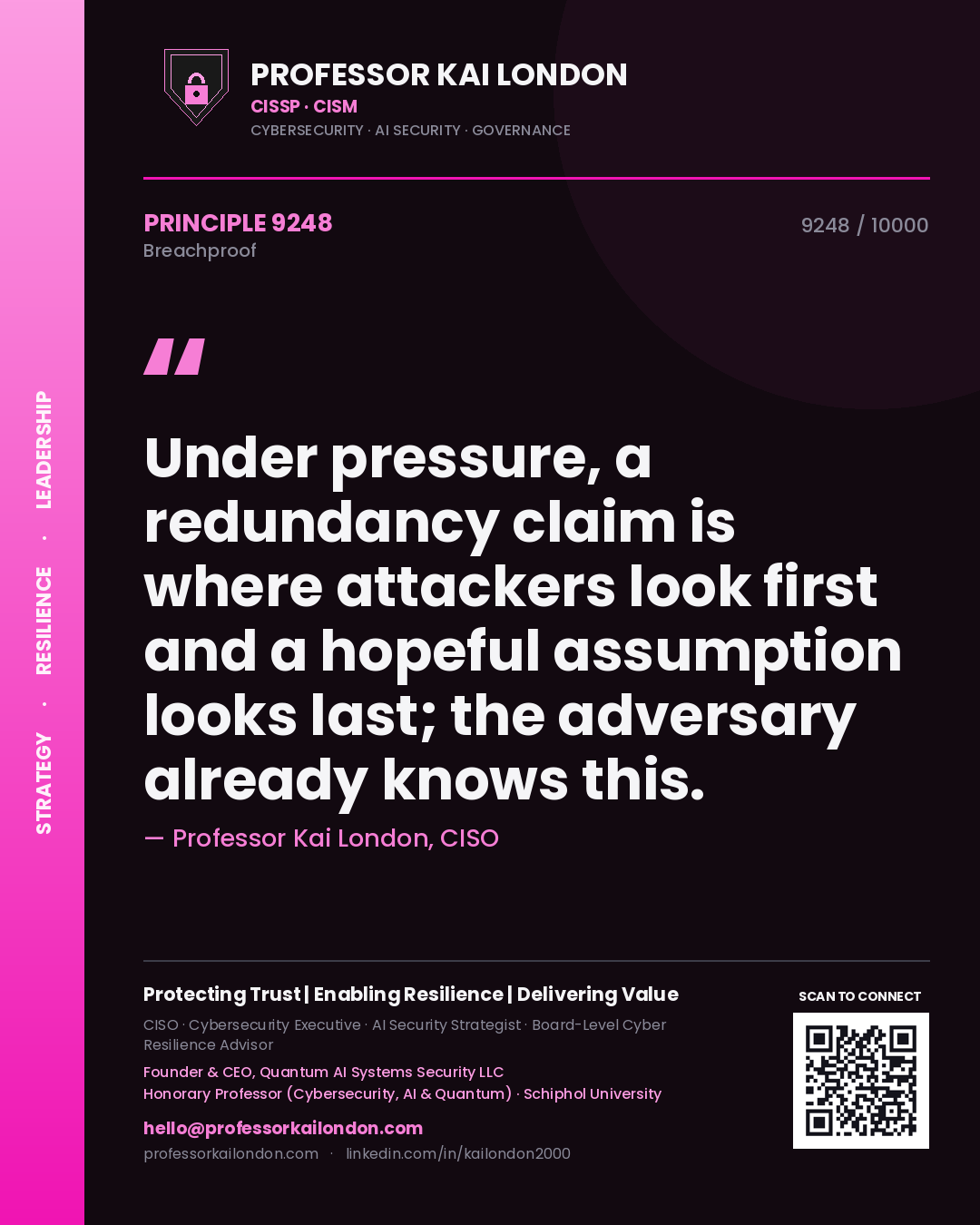 Professor Kai London principle 9248: Under pressure, a redundancy claim is where attackers look first and a hopeful assumption looks last; the adversary already knows this.