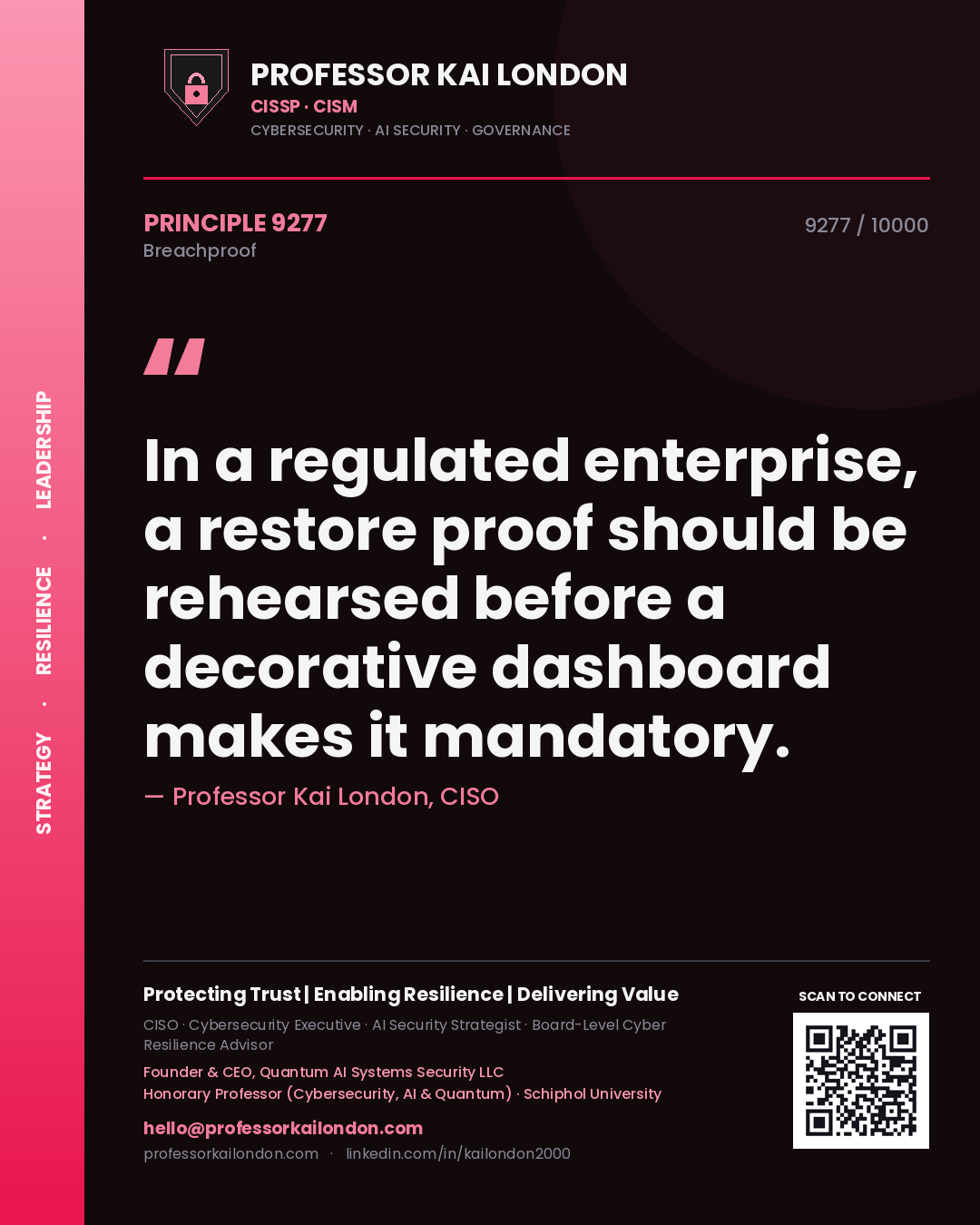Quote card by Professor Kai London reading 'In a regulated enterprise, a restore proof should be rehearsed before a decorative dashboard makes it mandatory.'. From the book Breachproof.