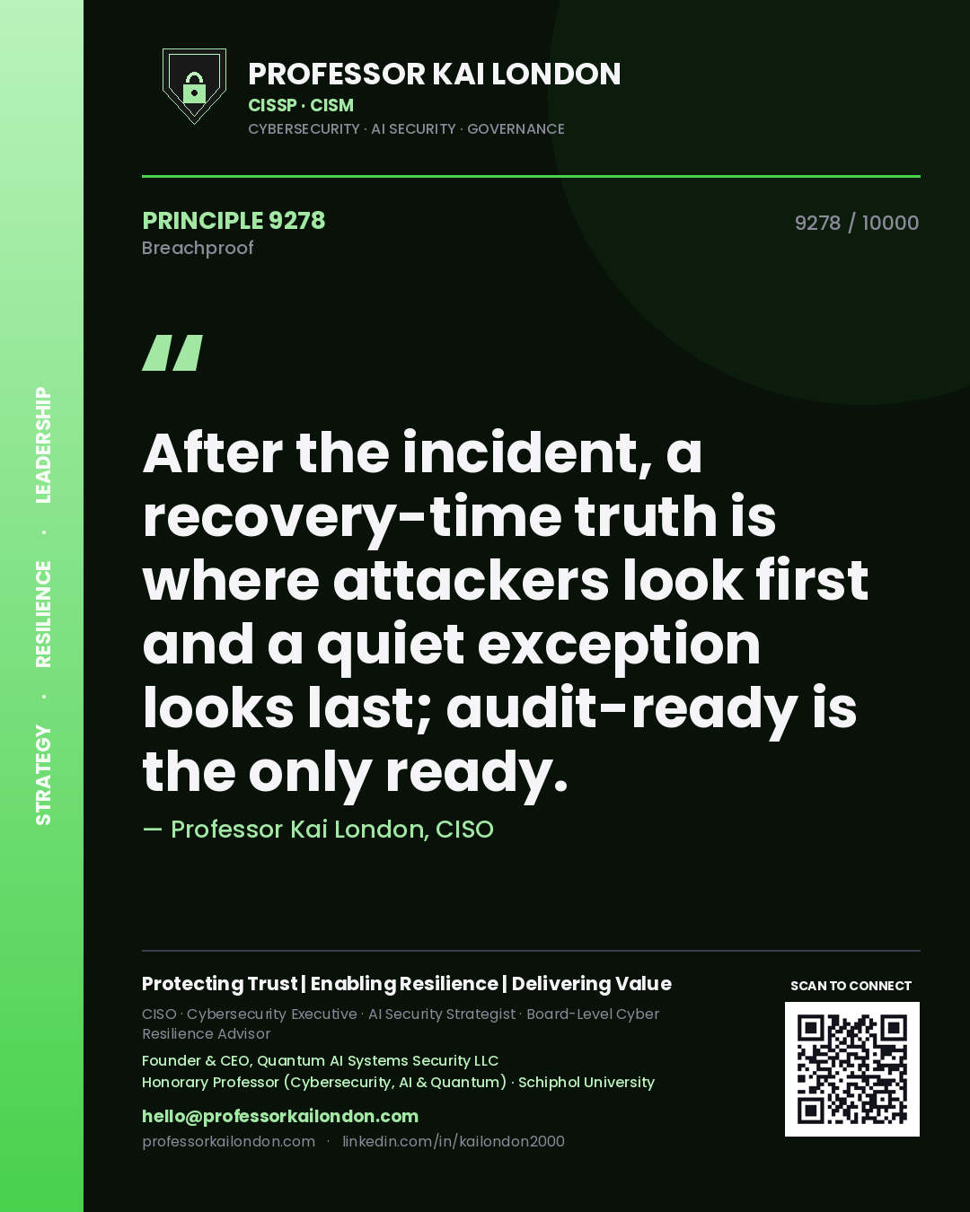 Professor Kai London principle 9278: After the incident, a recovery-time truth is where attackers look first and a quiet exception looks last; audit-ready is the only ready.