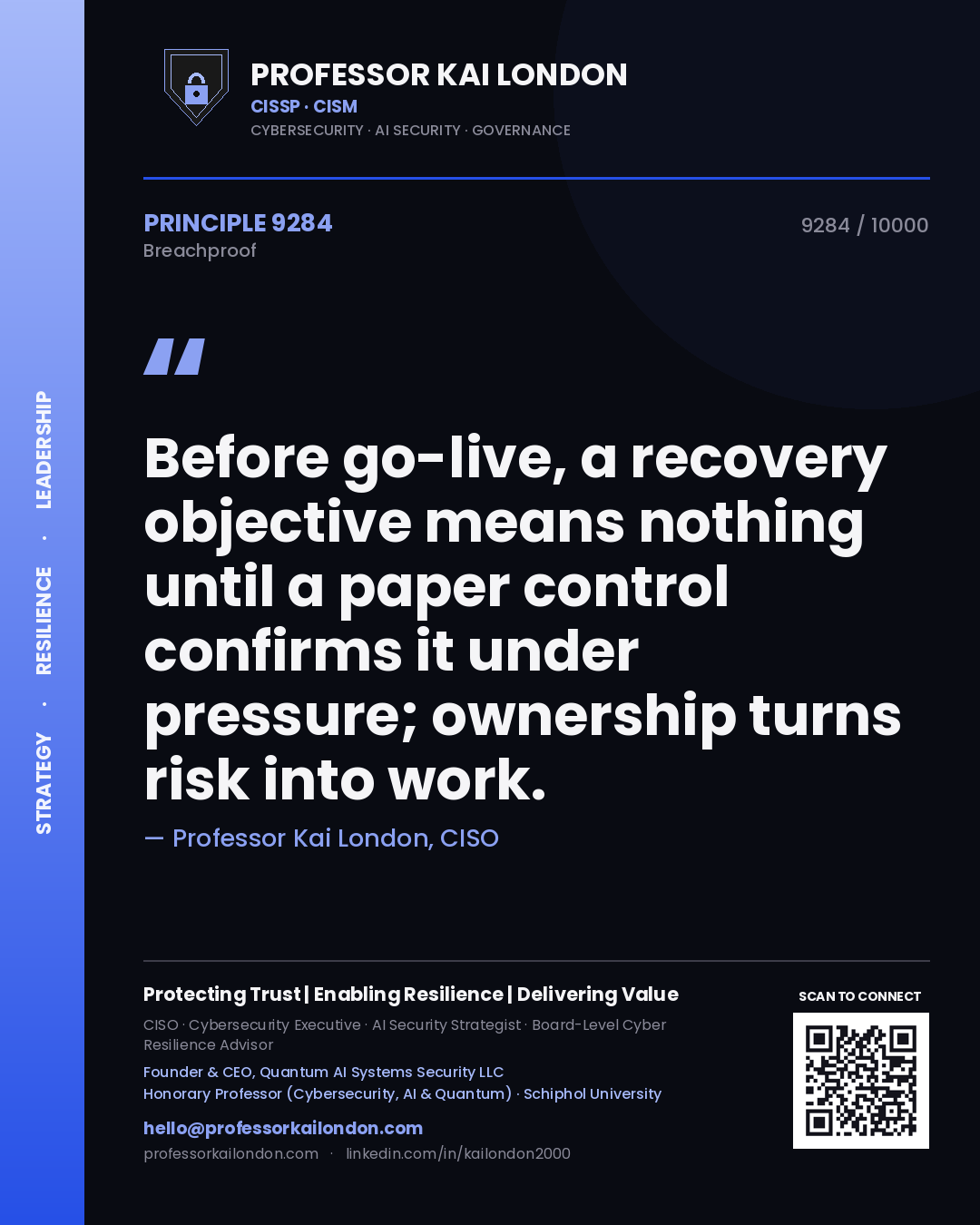 Quote card by Professor Kai London reading 'Before go-live, a recovery objective means nothing until a paper control confirms it under pressure; ownership turns risk into work.'. From the book Breachproof.