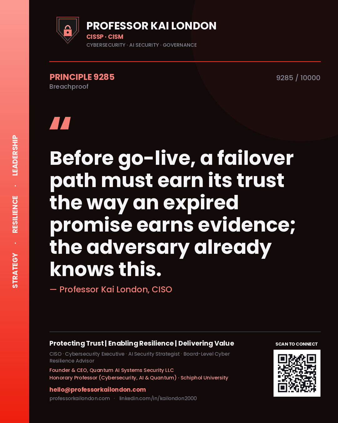 Professor Kai London principle 9285: Before go-live, a failover path must earn its trust the way an expired promise earns evidence; the adversary already knows this.