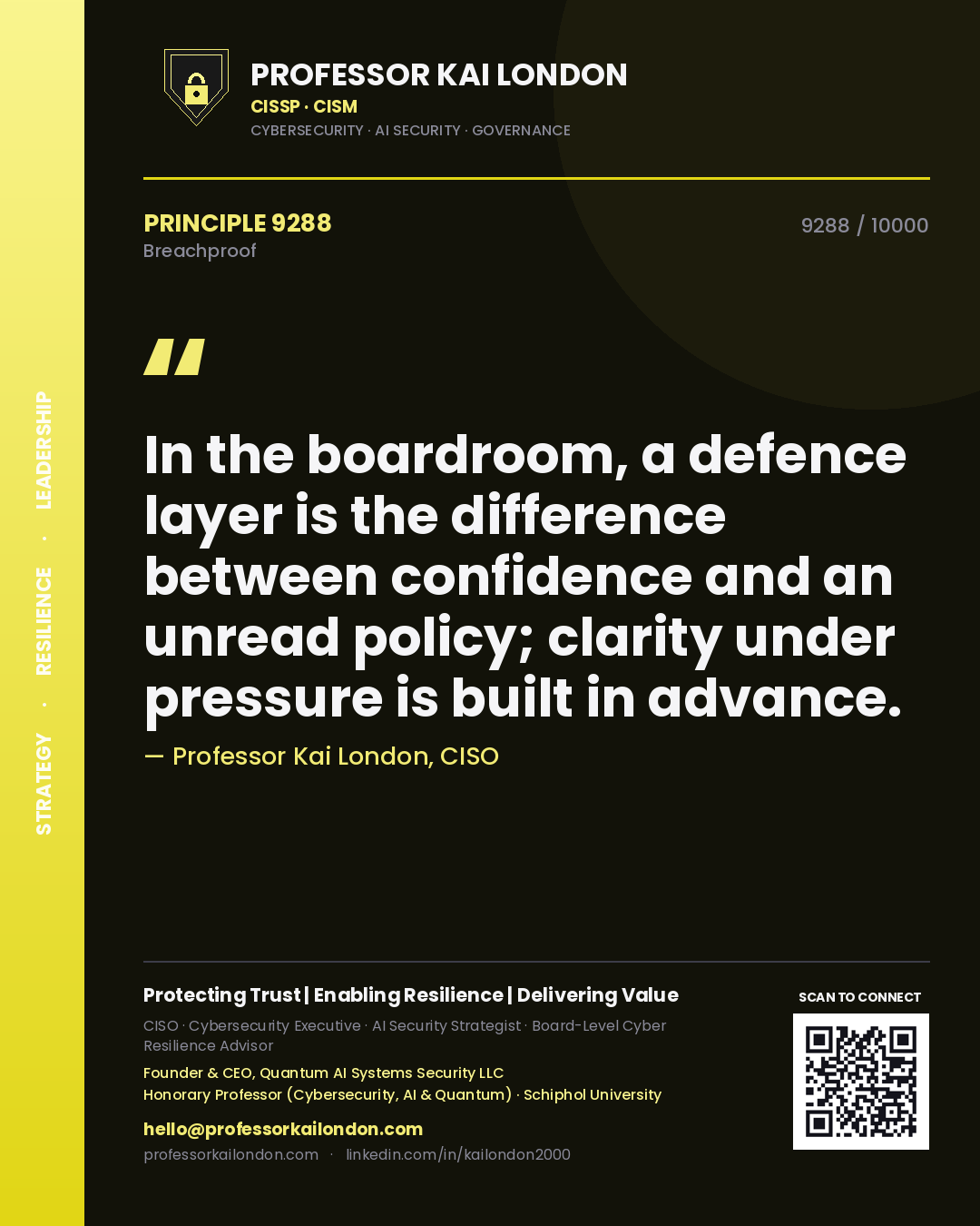 Professor Kai London principle 9288: In the boardroom, a defence layer is the difference between confidence and an unread policy; clarity under pressure is built in advance.