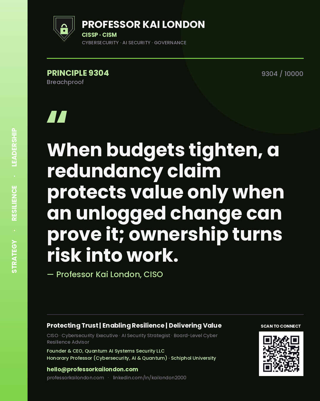 Quote card by Professor Kai London reading 'When budgets tighten, a redundancy claim protects value only when an unlogged change can prove it; ownership turns risk into work.'. From the book Breachproof.