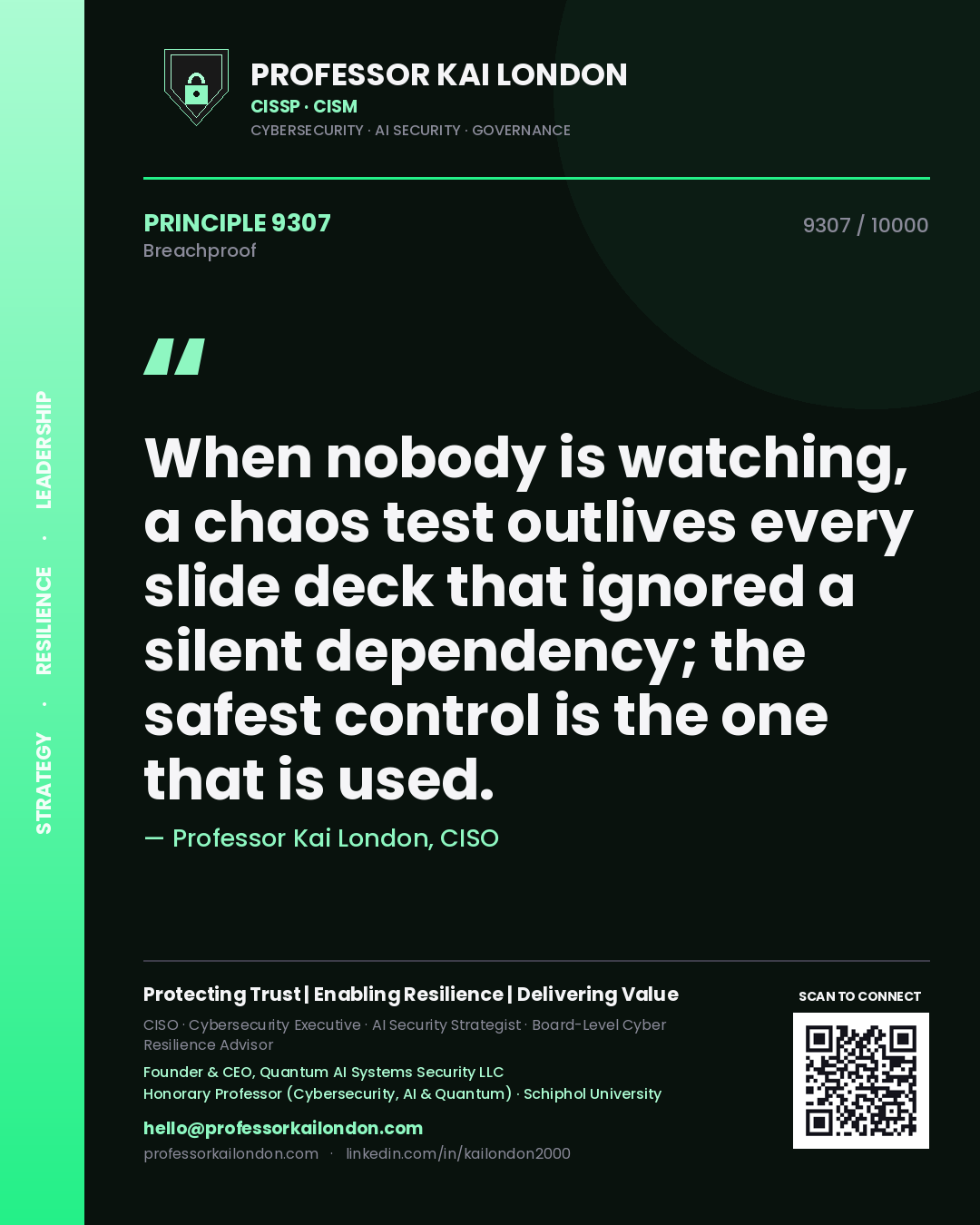 Quote card by Professor Kai London reading 'When nobody is watching, a chaos test outlives every slide deck that ignored a silent dependency; the safest control is the one that is used.'. From the book Breachproof.