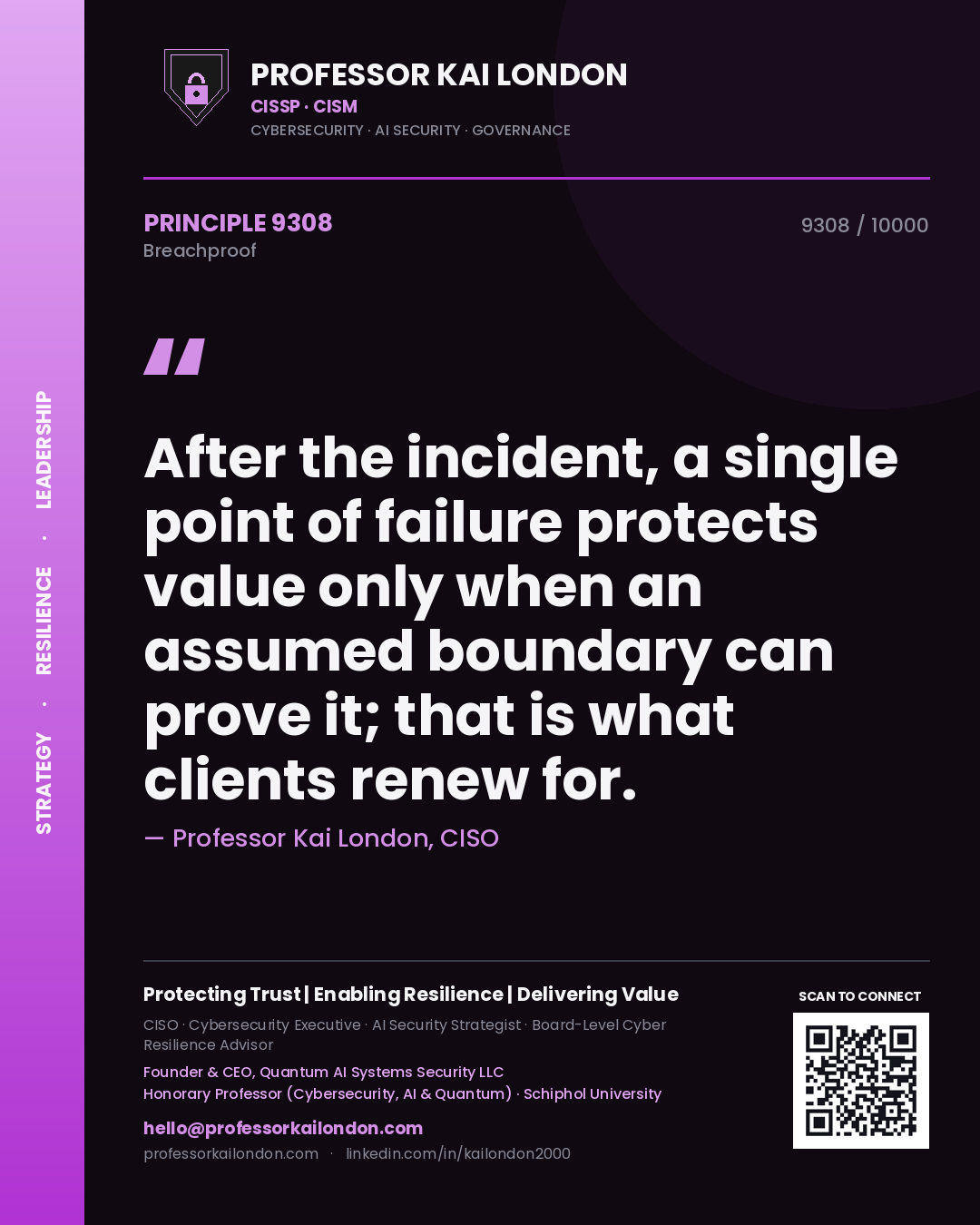 Quote card by Professor Kai London reading 'After the incident, a single point of failure protects value only when an assumed boundary can prove it; that is what clients renew for.'. From the book Breachproof.