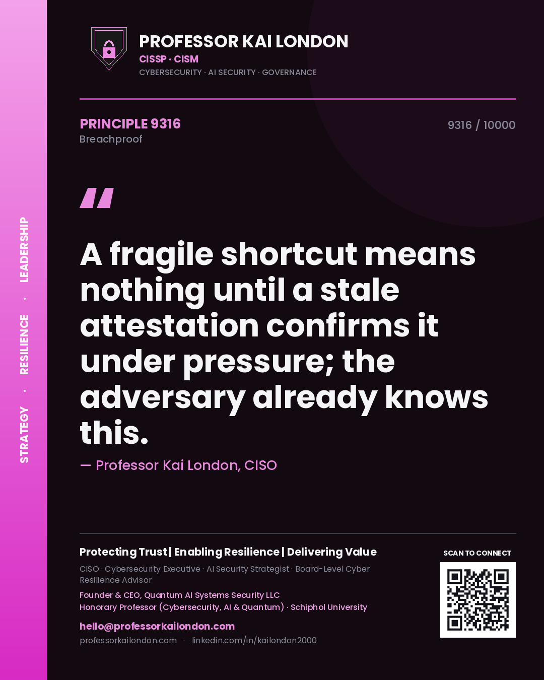 Quote card by Professor Kai London reading 'A fragile shortcut means nothing until a stale attestation confirms it under pressure; the adversary already knows this.'. From the book Breachproof.